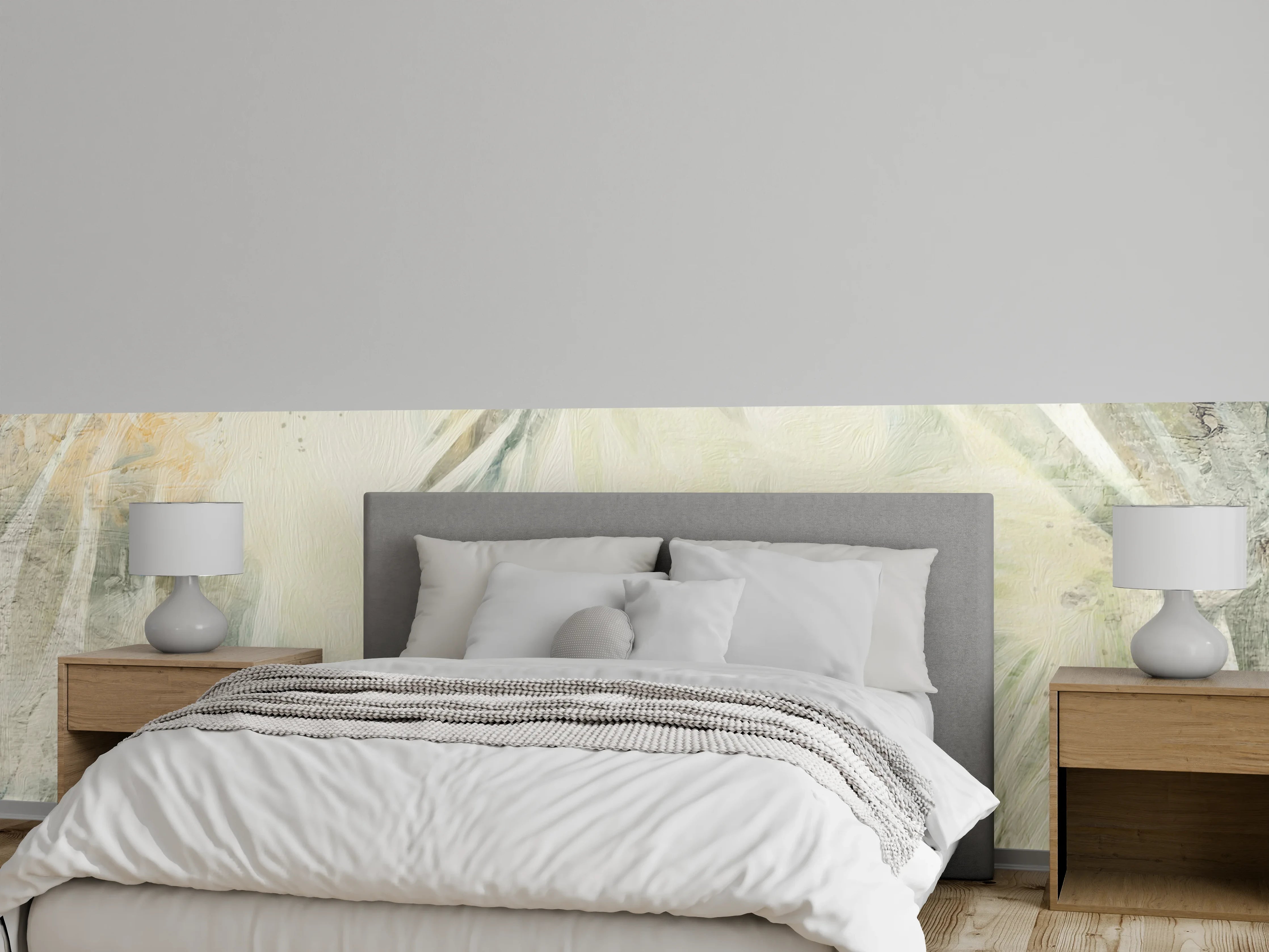 Wandverkleidung Schlafzimmer - Aquarell Palmen Blätter Weiß Beige