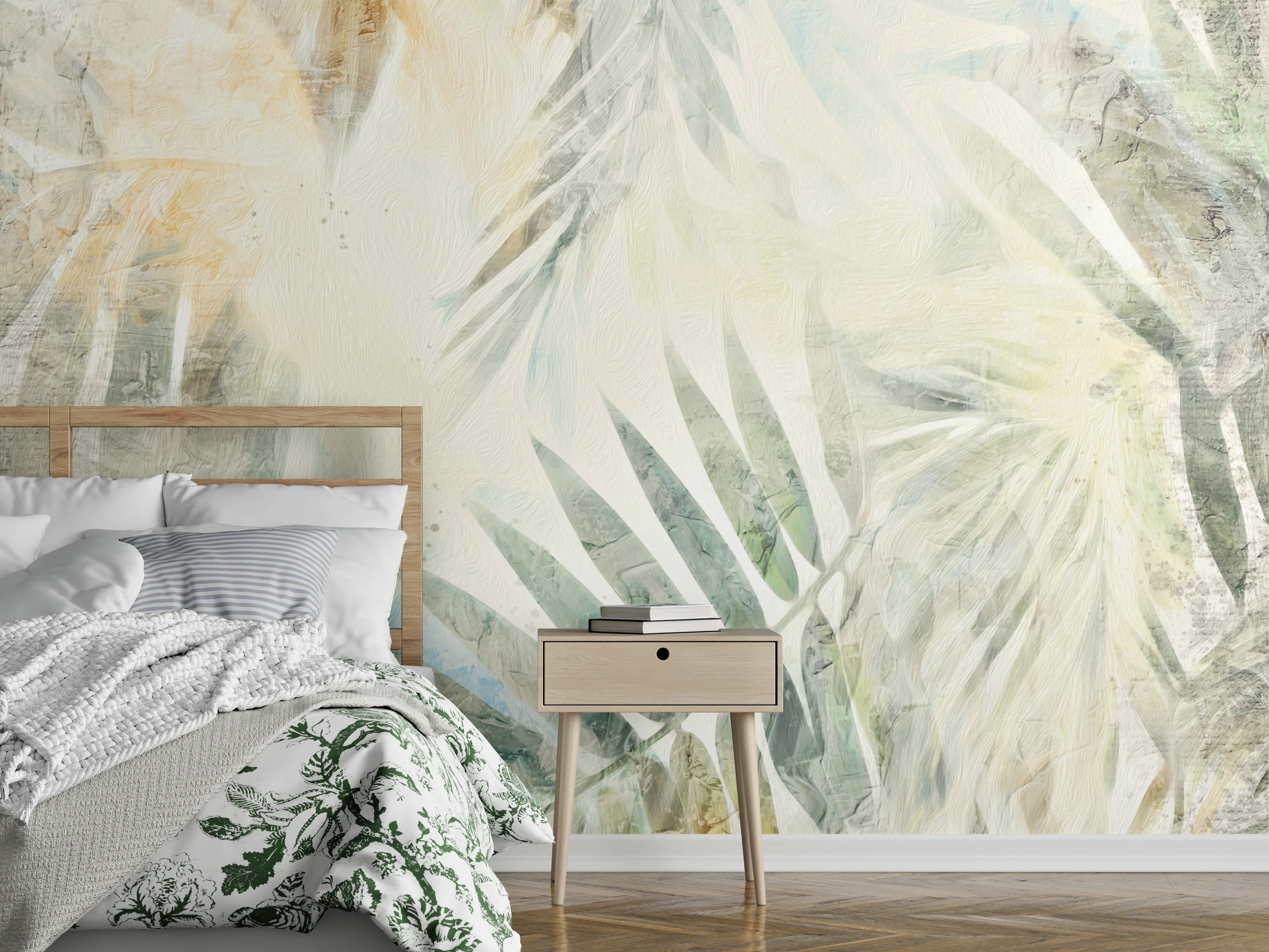 Wandverkleidung Schlafzimmer - Aquarell Palmen Blätter Weiß Beige