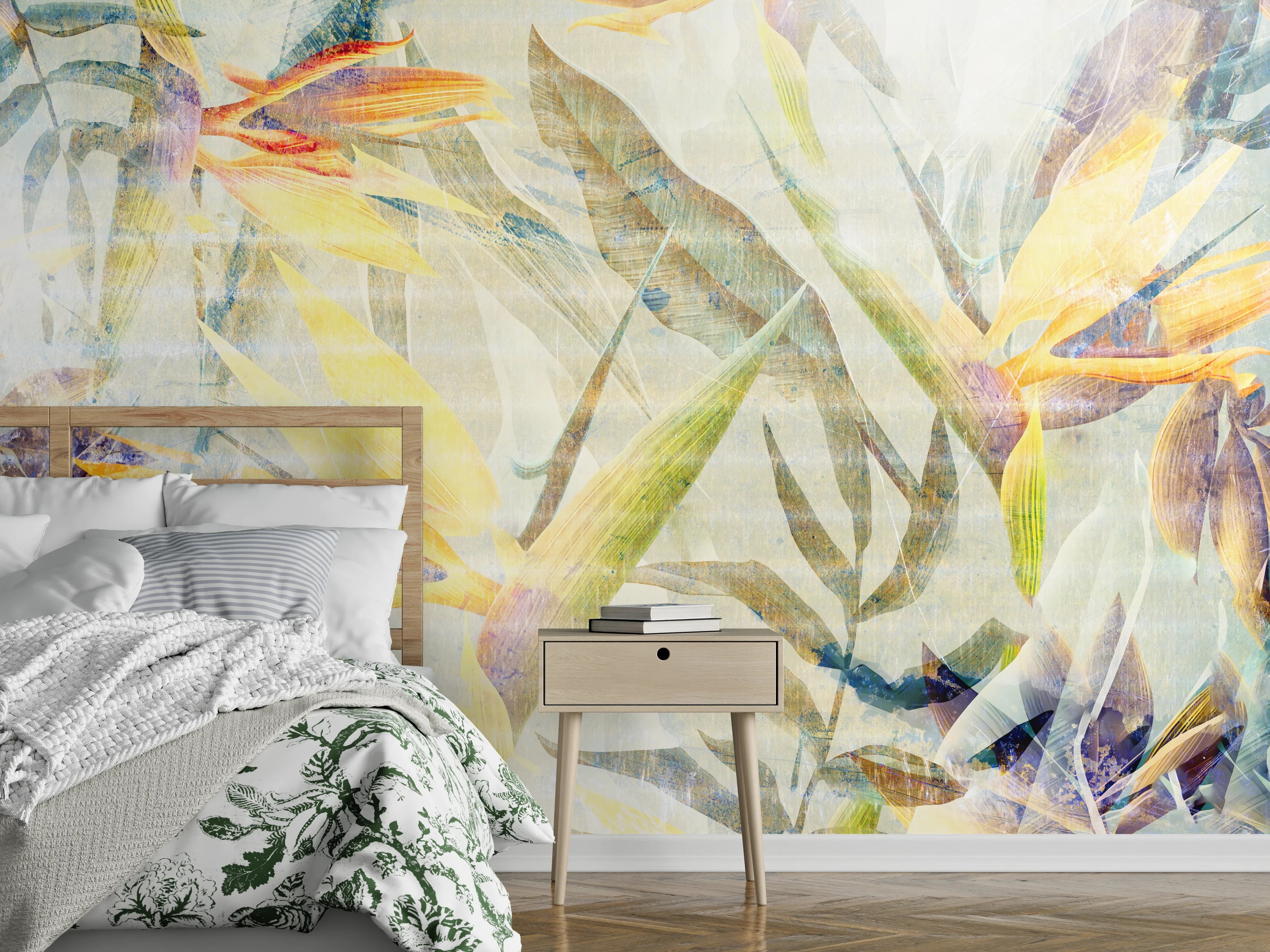 Wandverkleidung Schlafzimmer - Aquarell-Pflanzenmuster Wanddekor