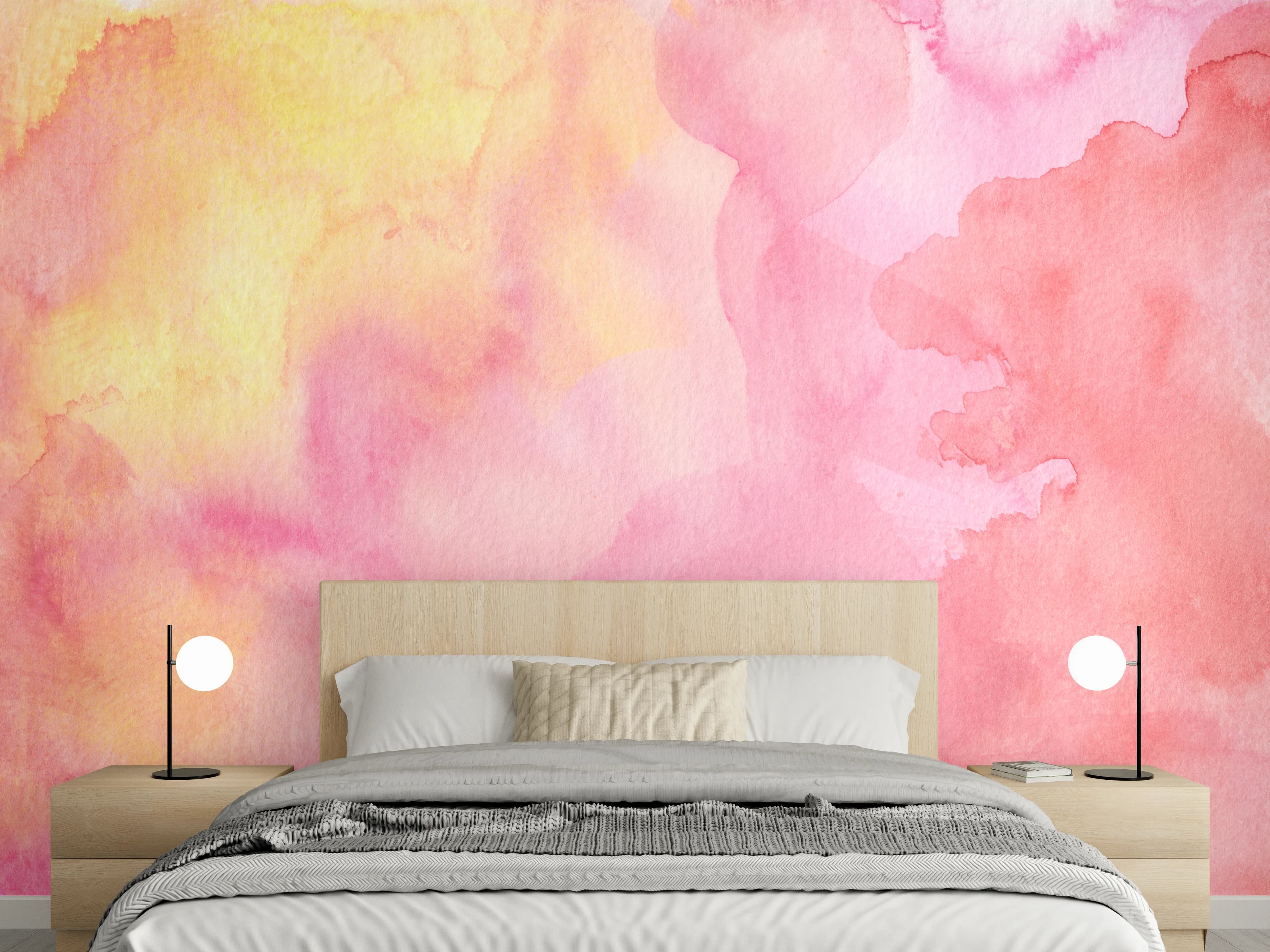Wandverkleidung Schlafzimmer - Aquarell Rosa Gelb Abstrakt Wandbild