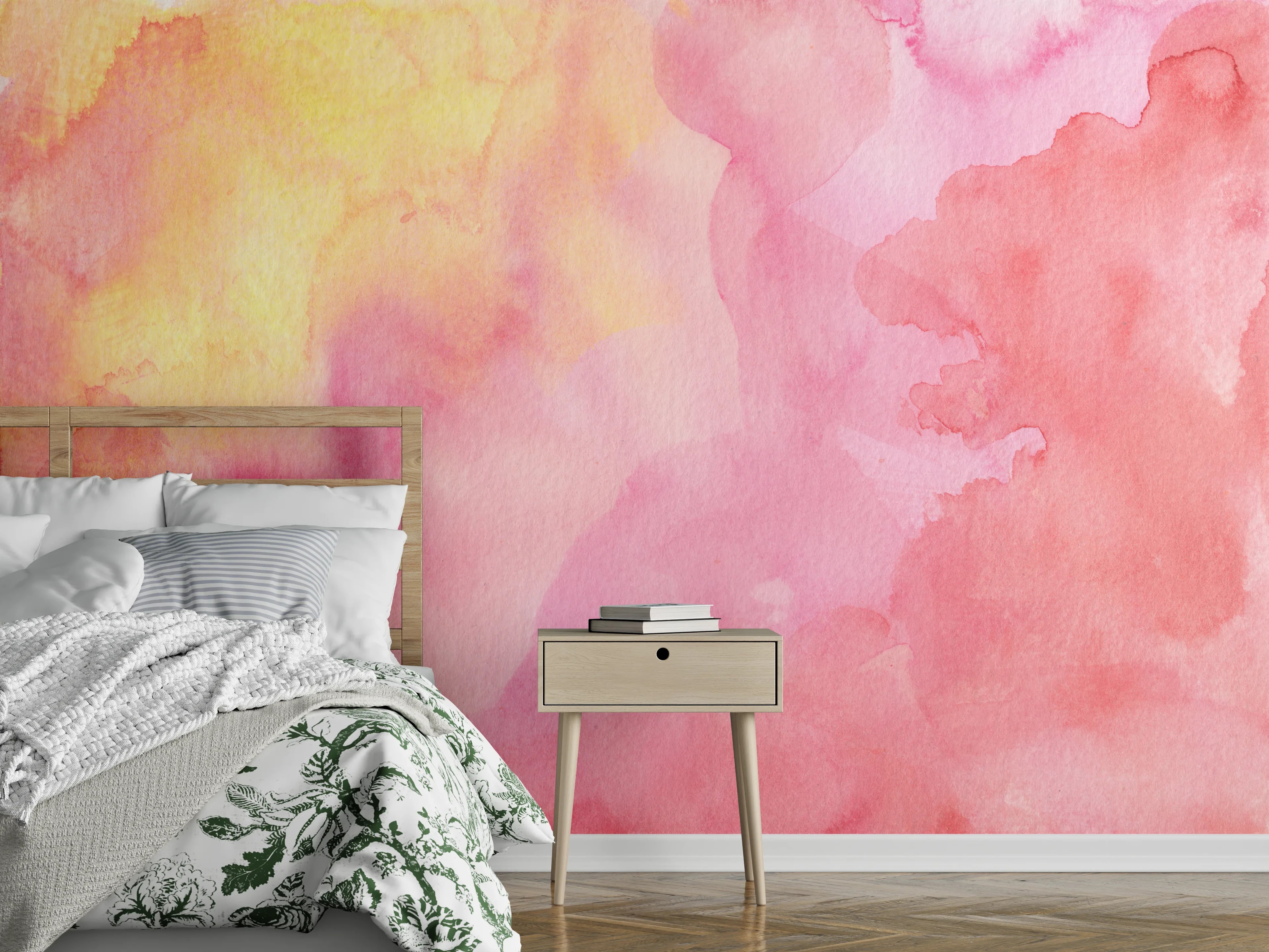 Wandverkleidung Schlafzimmer - Aquarell Rosa Gelb Abstrakt Wandbild