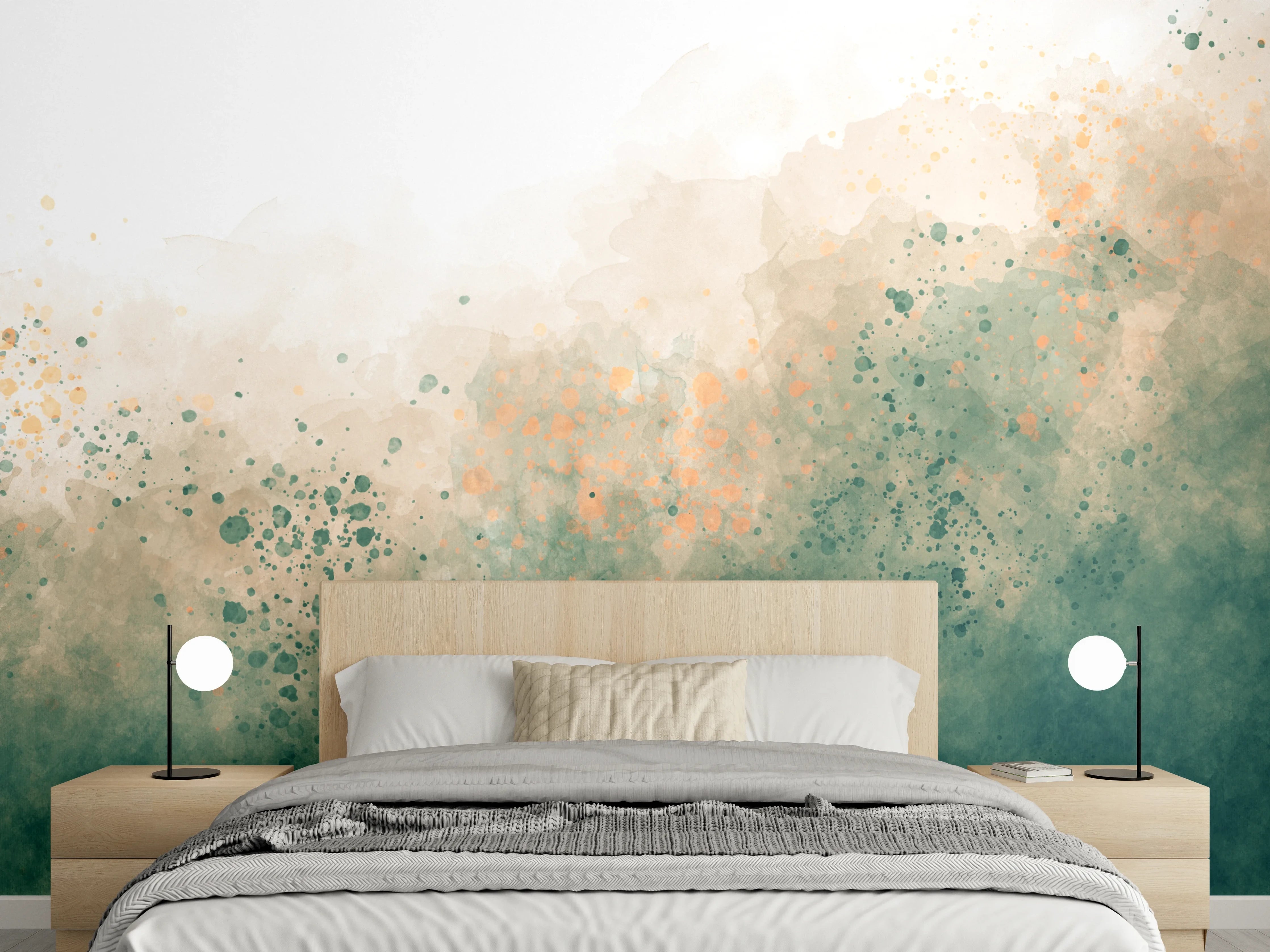 Wandverkleidung Schlafzimmer - Aquarell Splash Modern in Grün-Beige