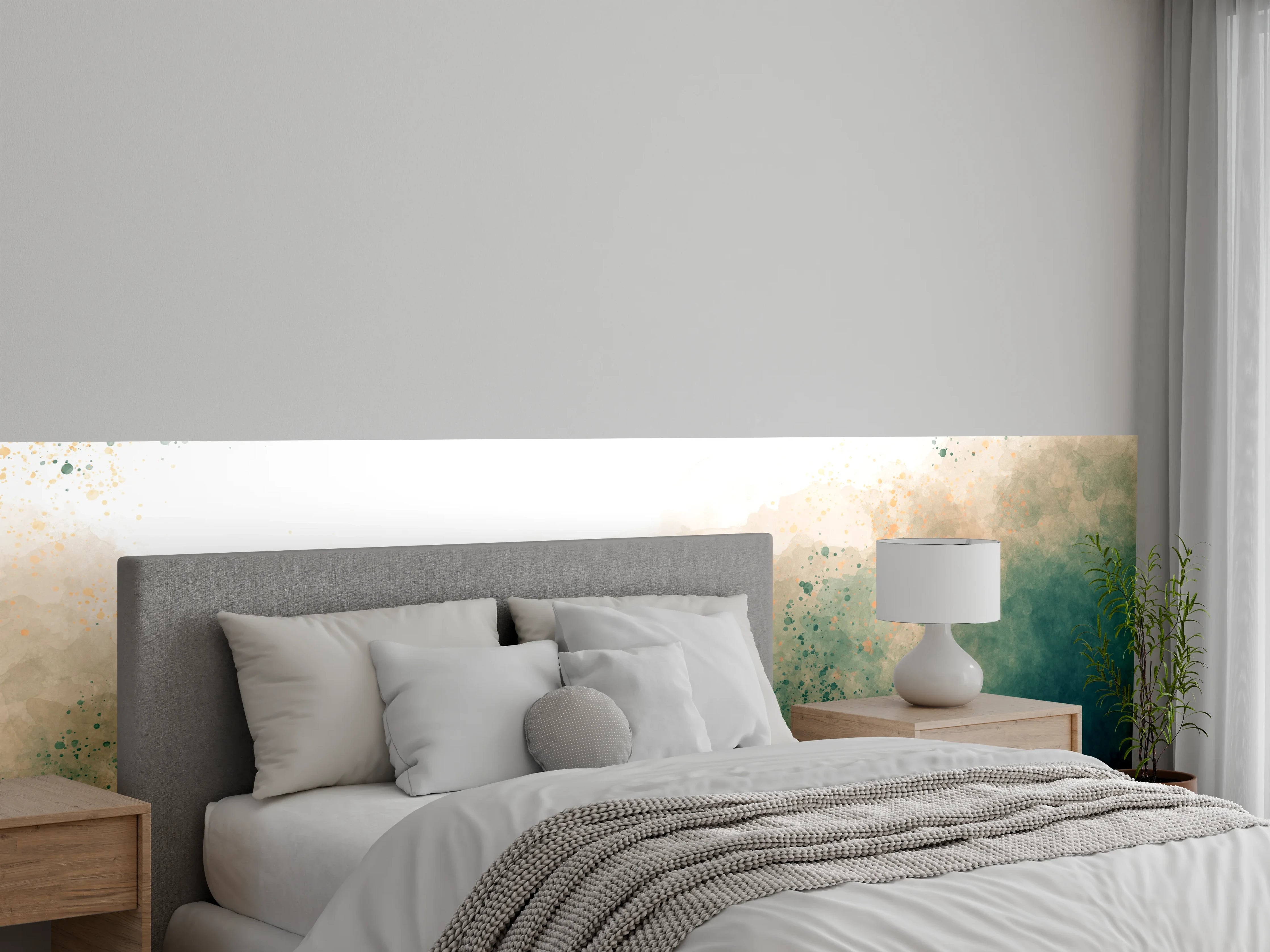 Wandverkleidung Schlafzimmer - Aquarell Splash Modern in Grün-Beige