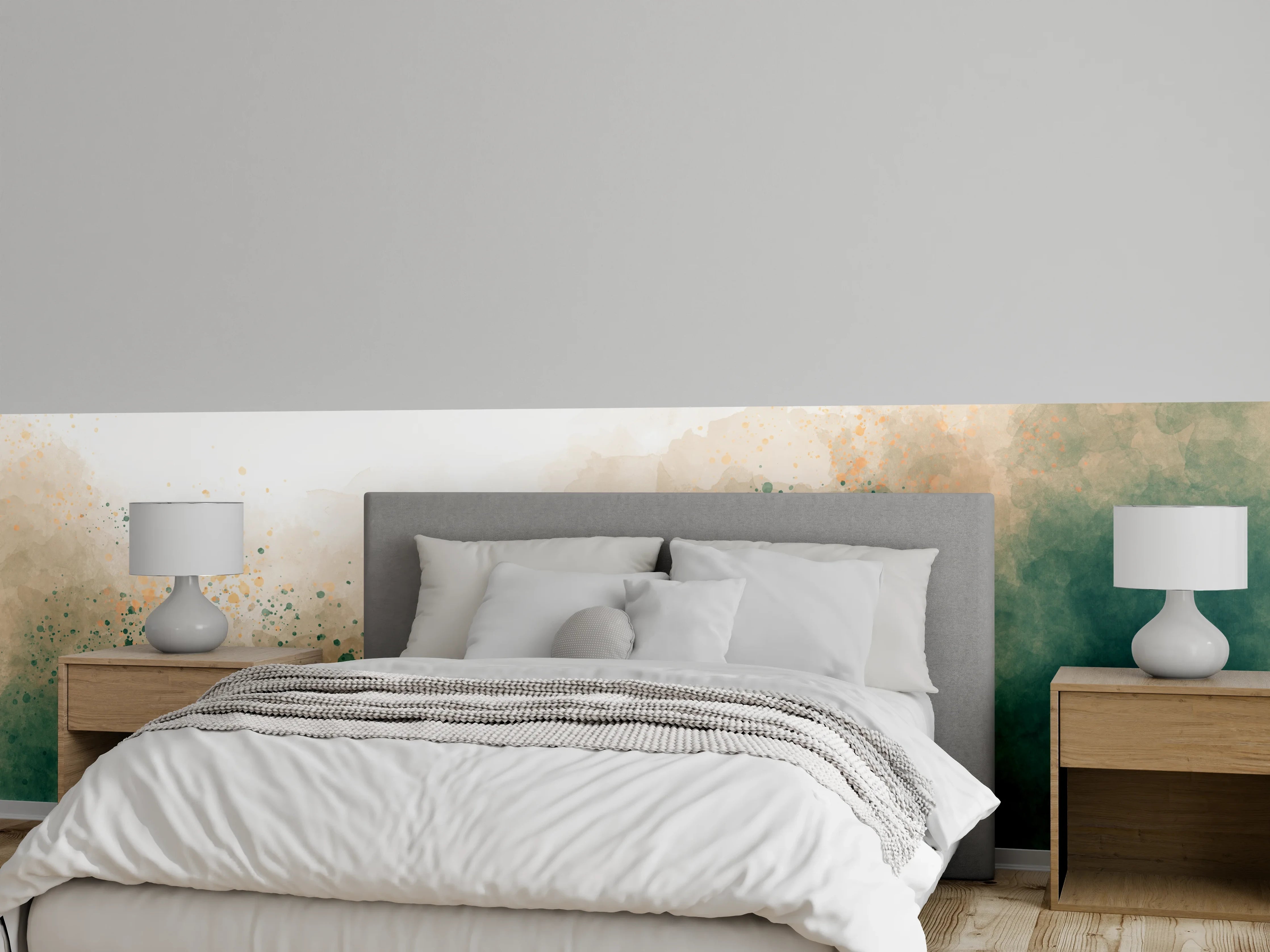 Wandverkleidung Schlafzimmer - Aquarell Splash Modern in Grün-Beige
