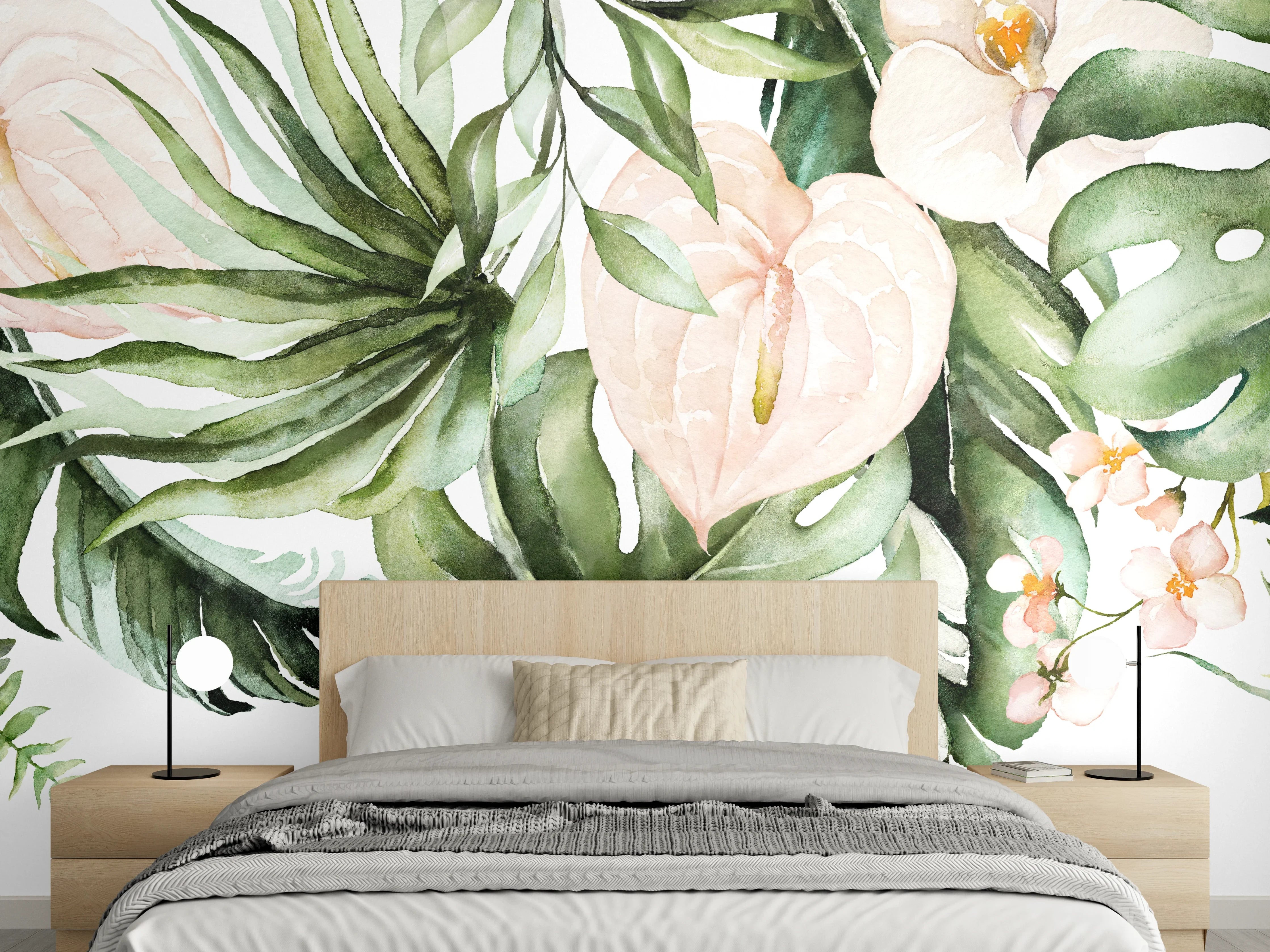 Wandverkleidung Schlafzimmer - Aquarell Tropische Blätter und Blumen