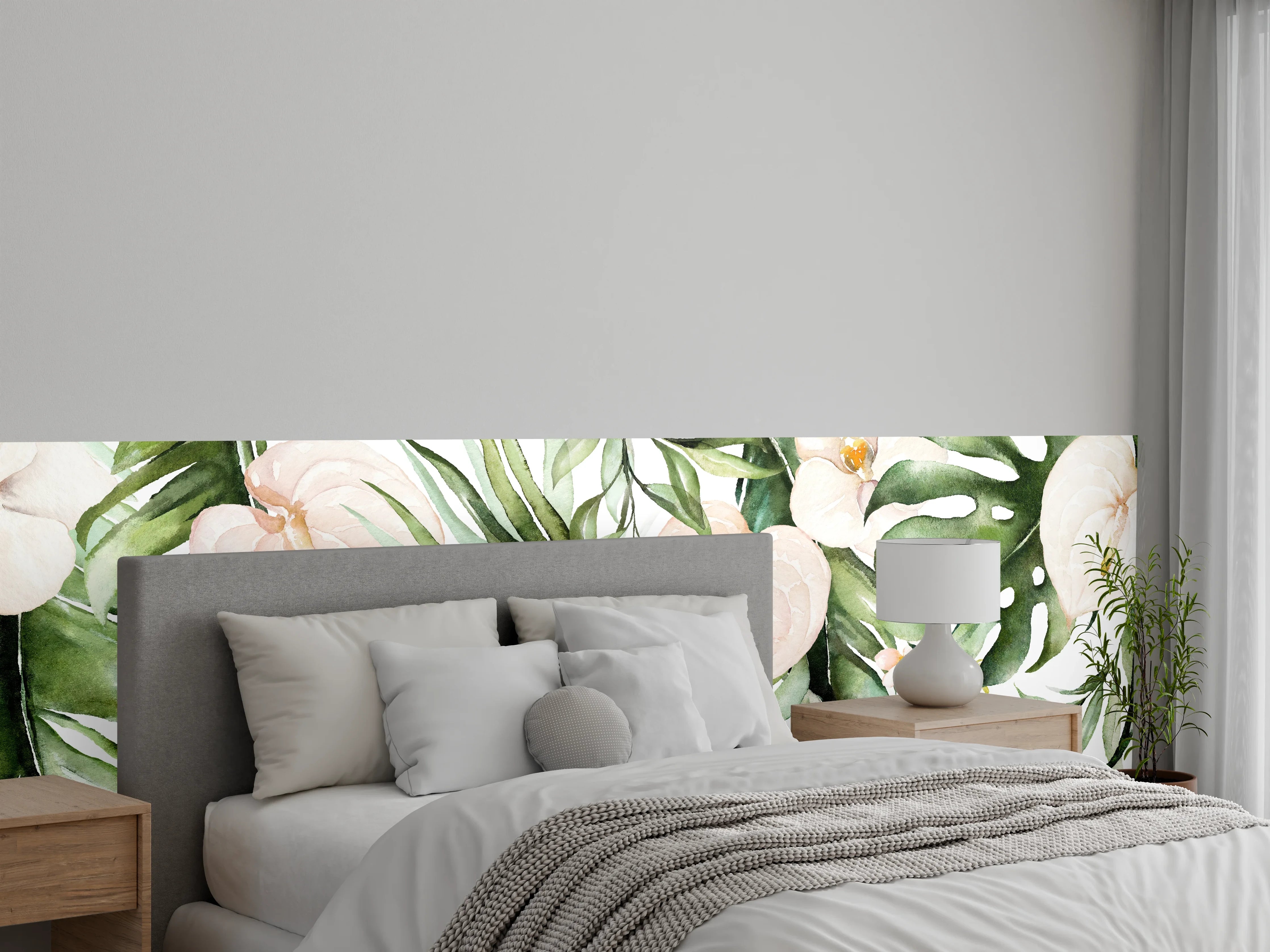 Wandverkleidung Schlafzimmer - Aquarell Tropische Blätter und Blumen