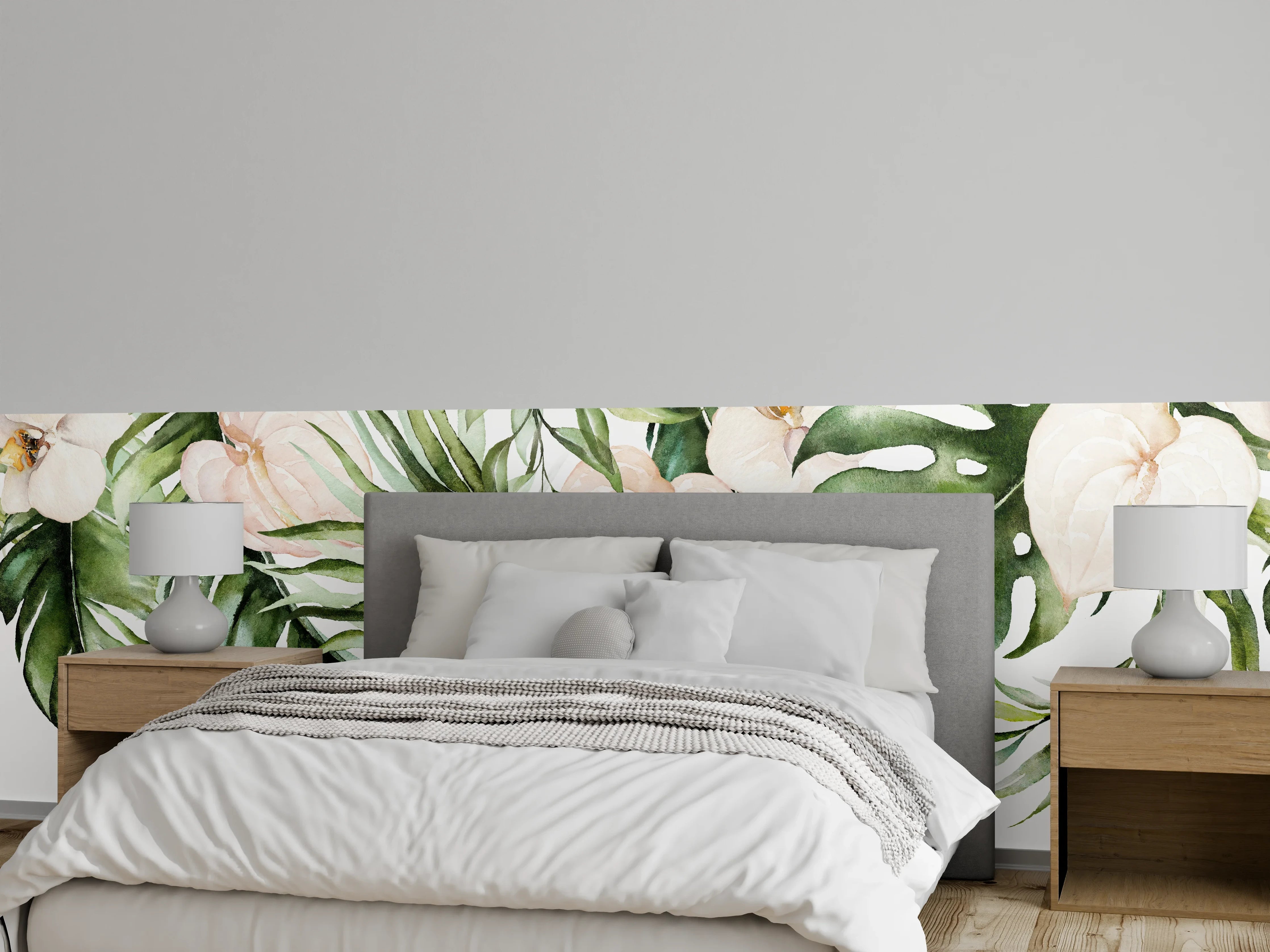 Wandverkleidung Schlafzimmer - Aquarell Tropische Blätter und Blumen