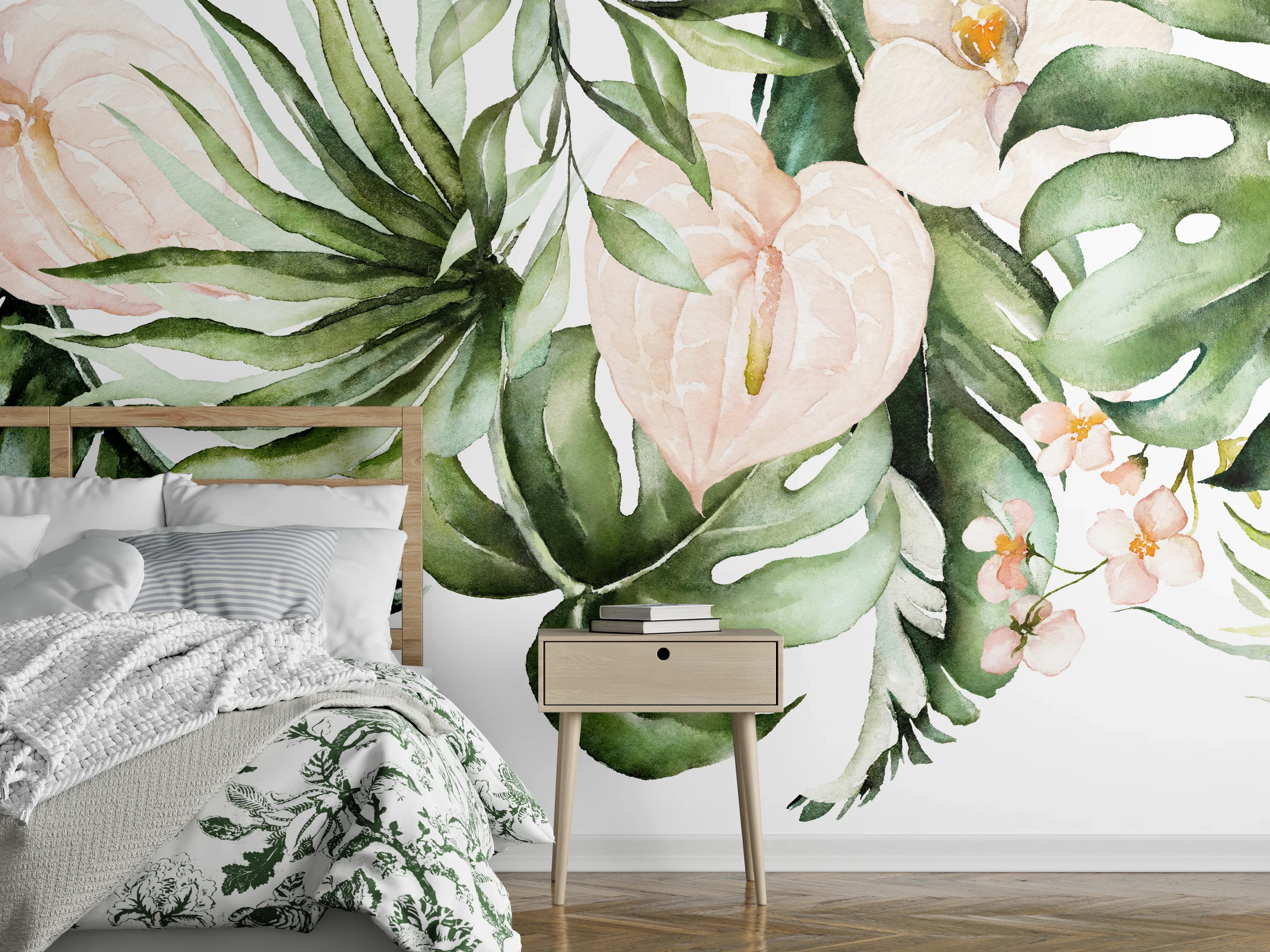 Wandverkleidung Schlafzimmer - Aquarell Tropische Blätter und Blumen