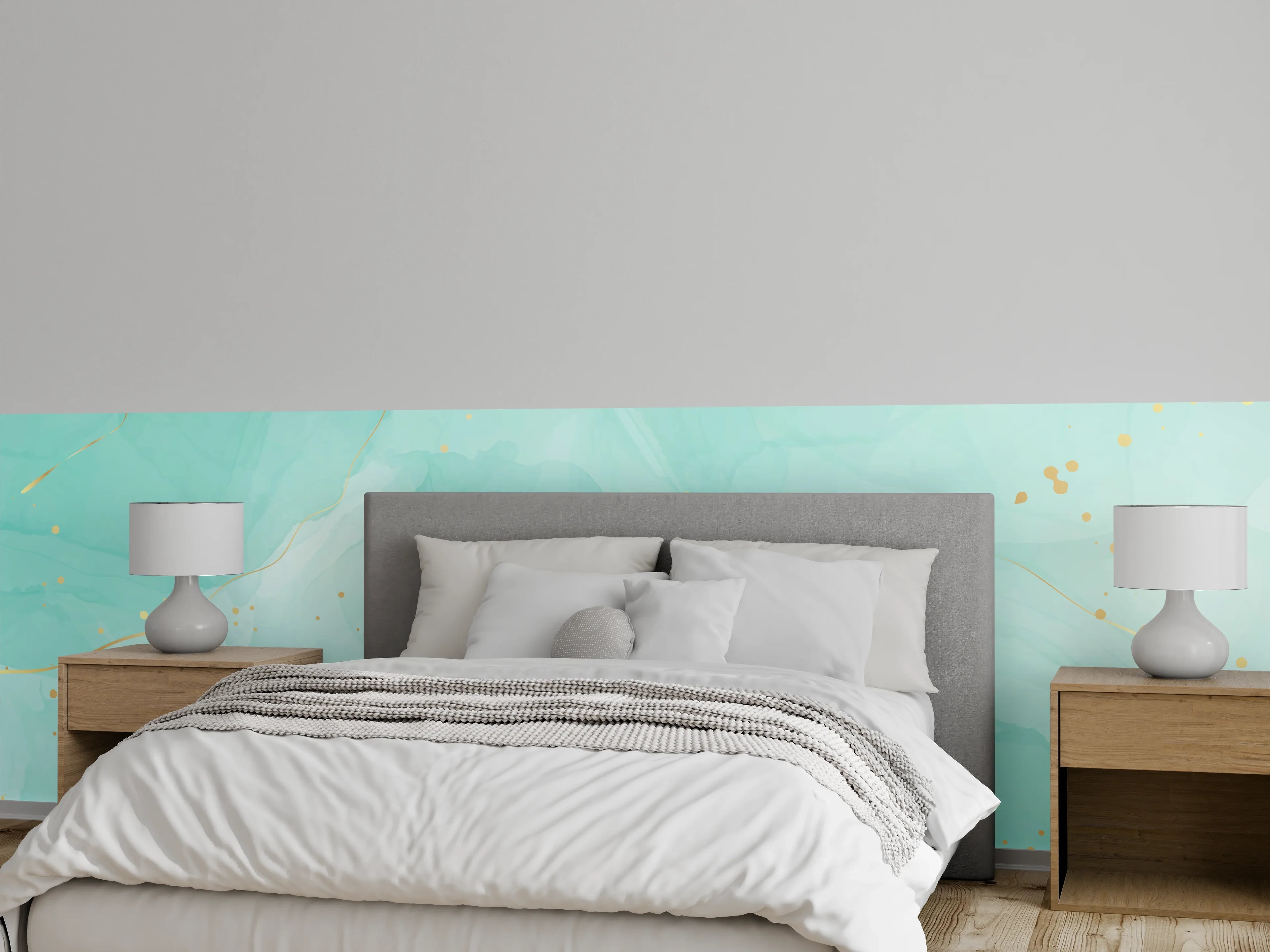 Wandverkleidung Schlafzimmer - Aquarell-Türkis-Gold-Abstrakt