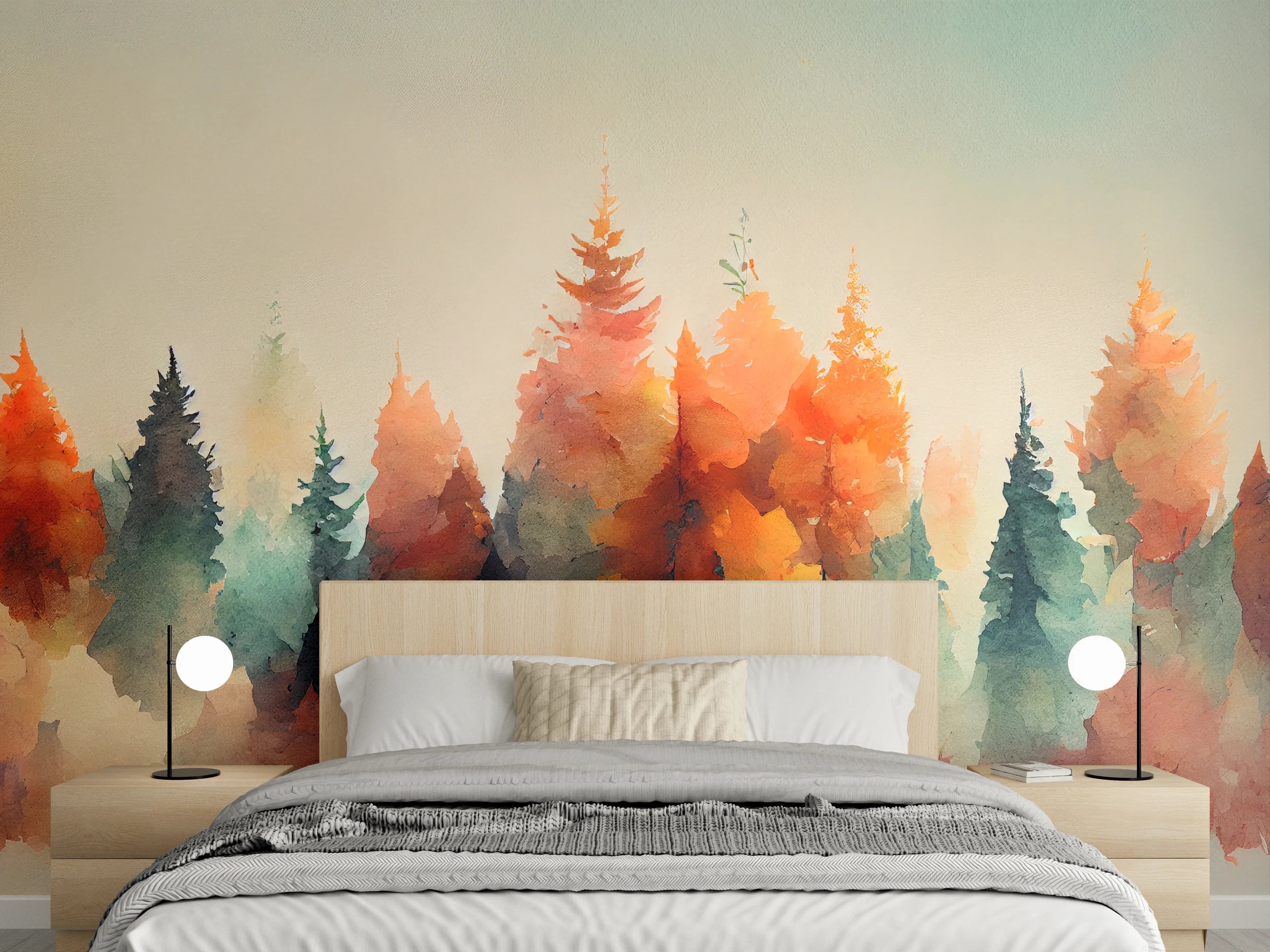 Wandverkleidung Schlafzimmer - Aquarell Wald Landschaft Herbstfarben