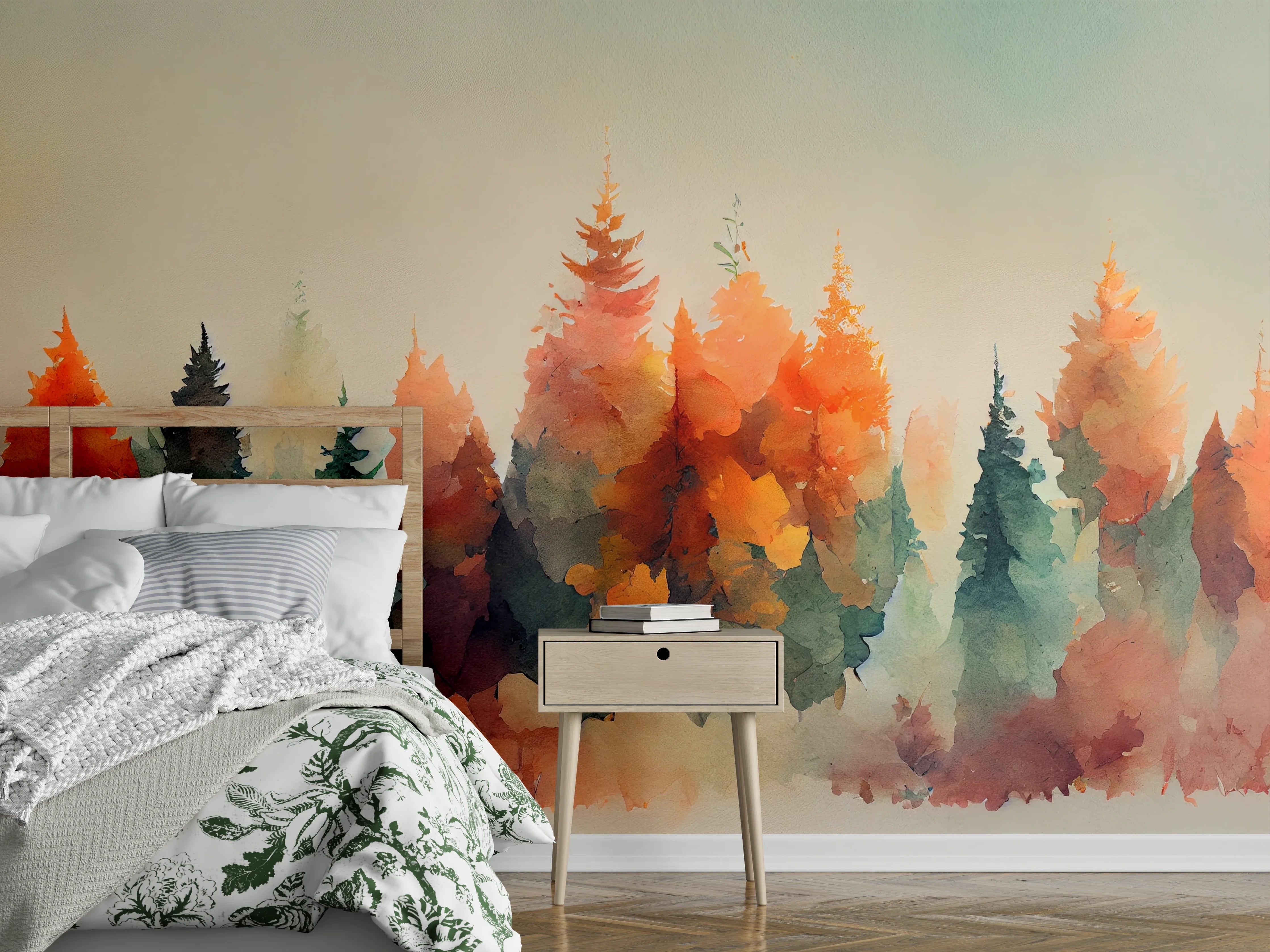 Wandverkleidung Schlafzimmer - Aquarell Wald Landschaft Herbstfarben