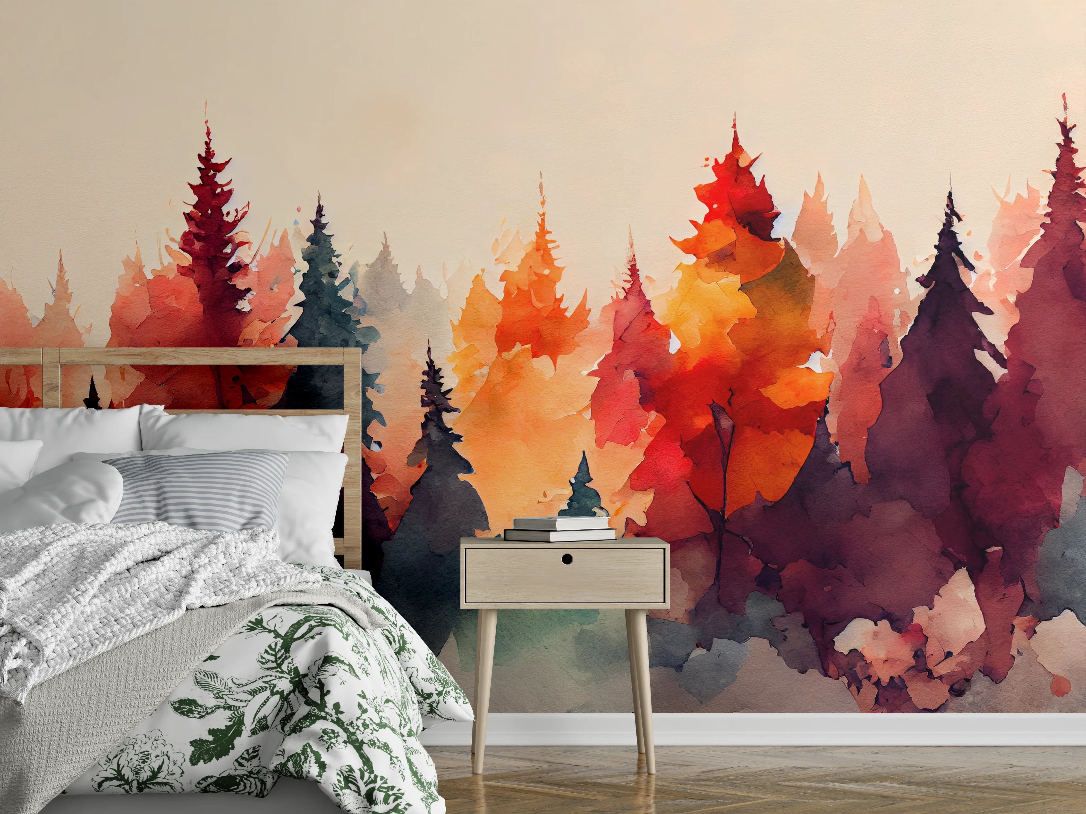 Wandverkleidung Schlafzimmer - Aquarell Wald im Herbst
