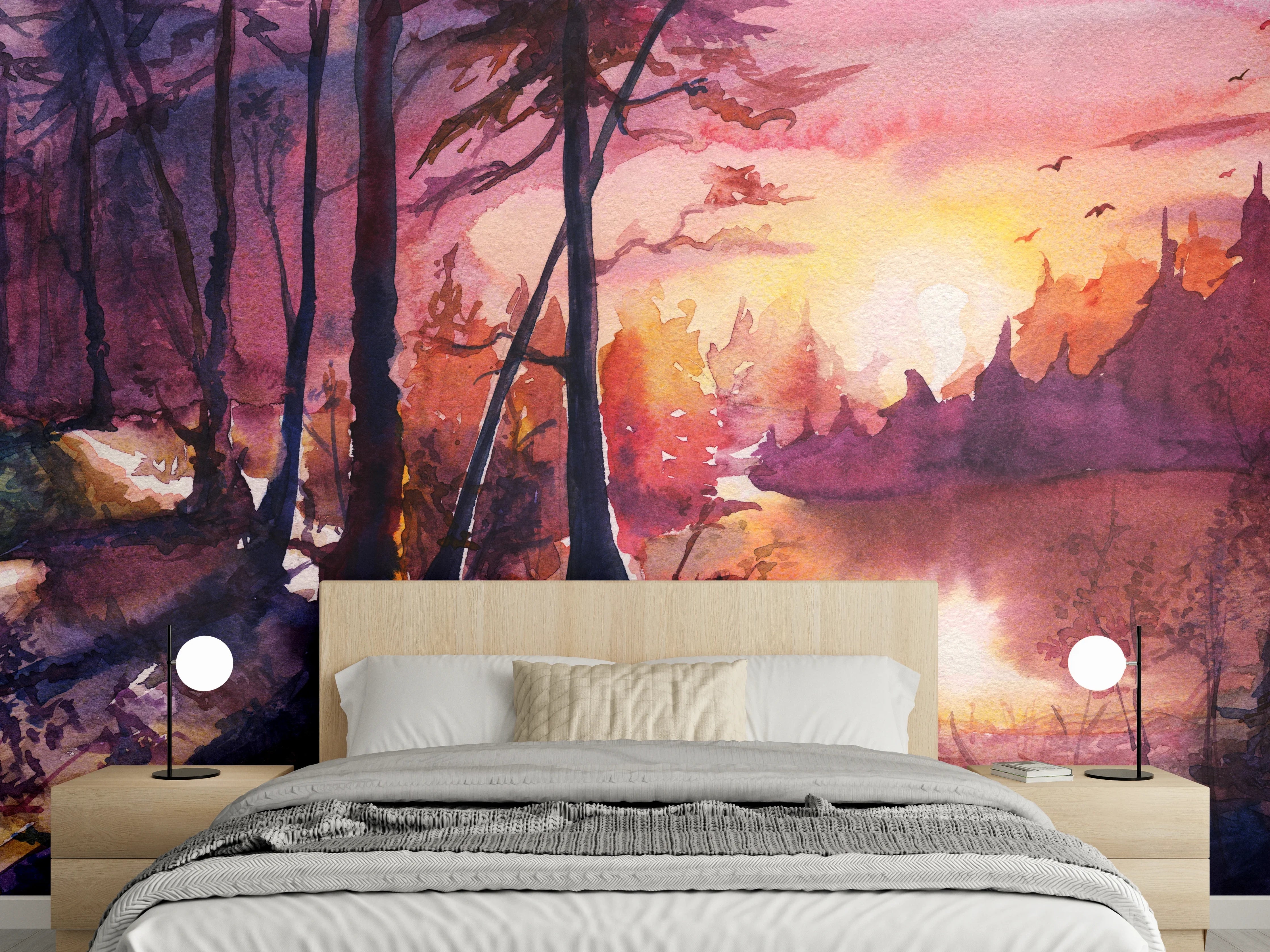 Wandverkleidung Schlafzimmer - Aquarell Waldlandschaft Malerei