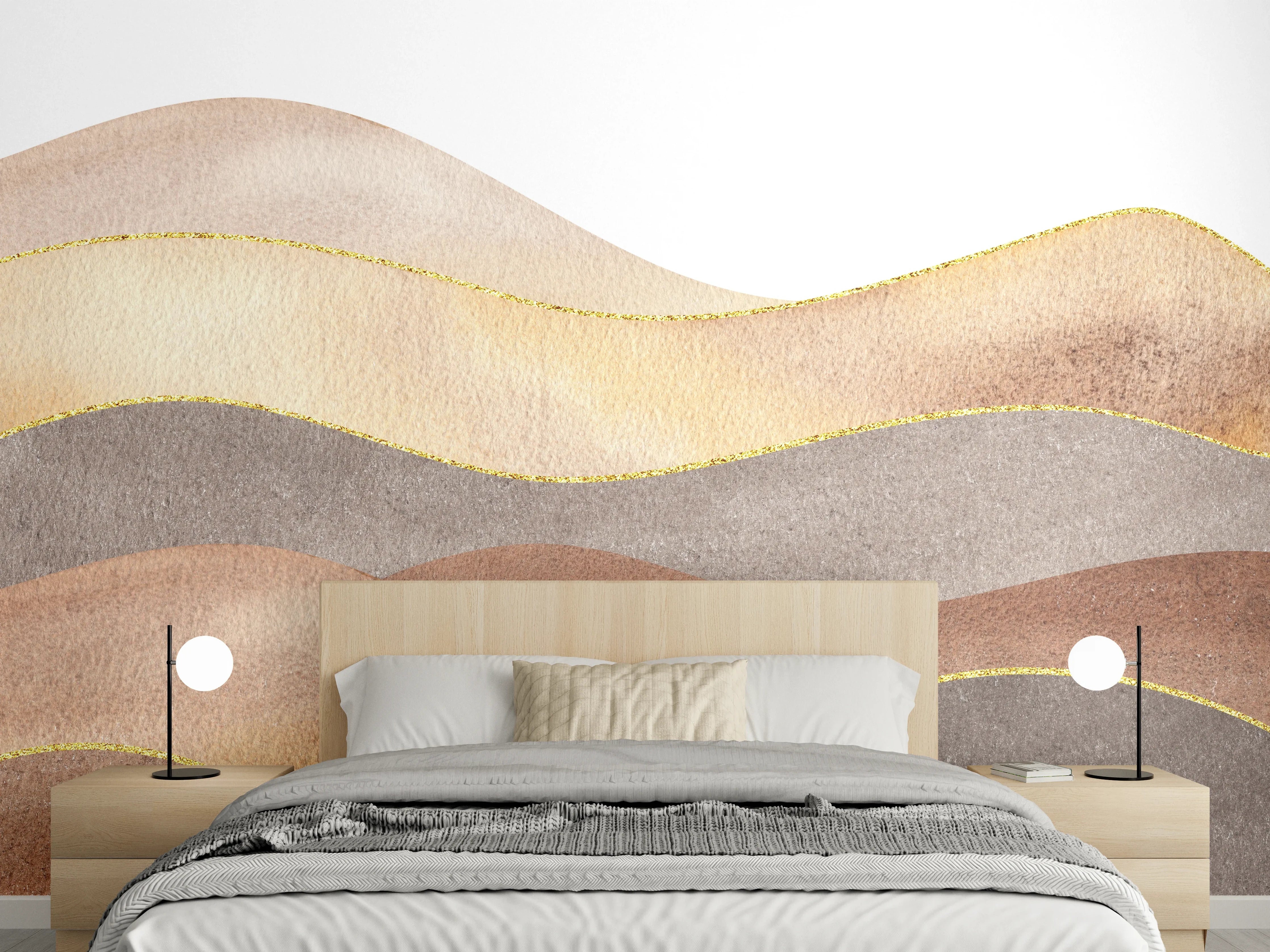 Wandverkleidung Schlafzimmer - Aquarell Wellenstruktur Braun Beige Grau