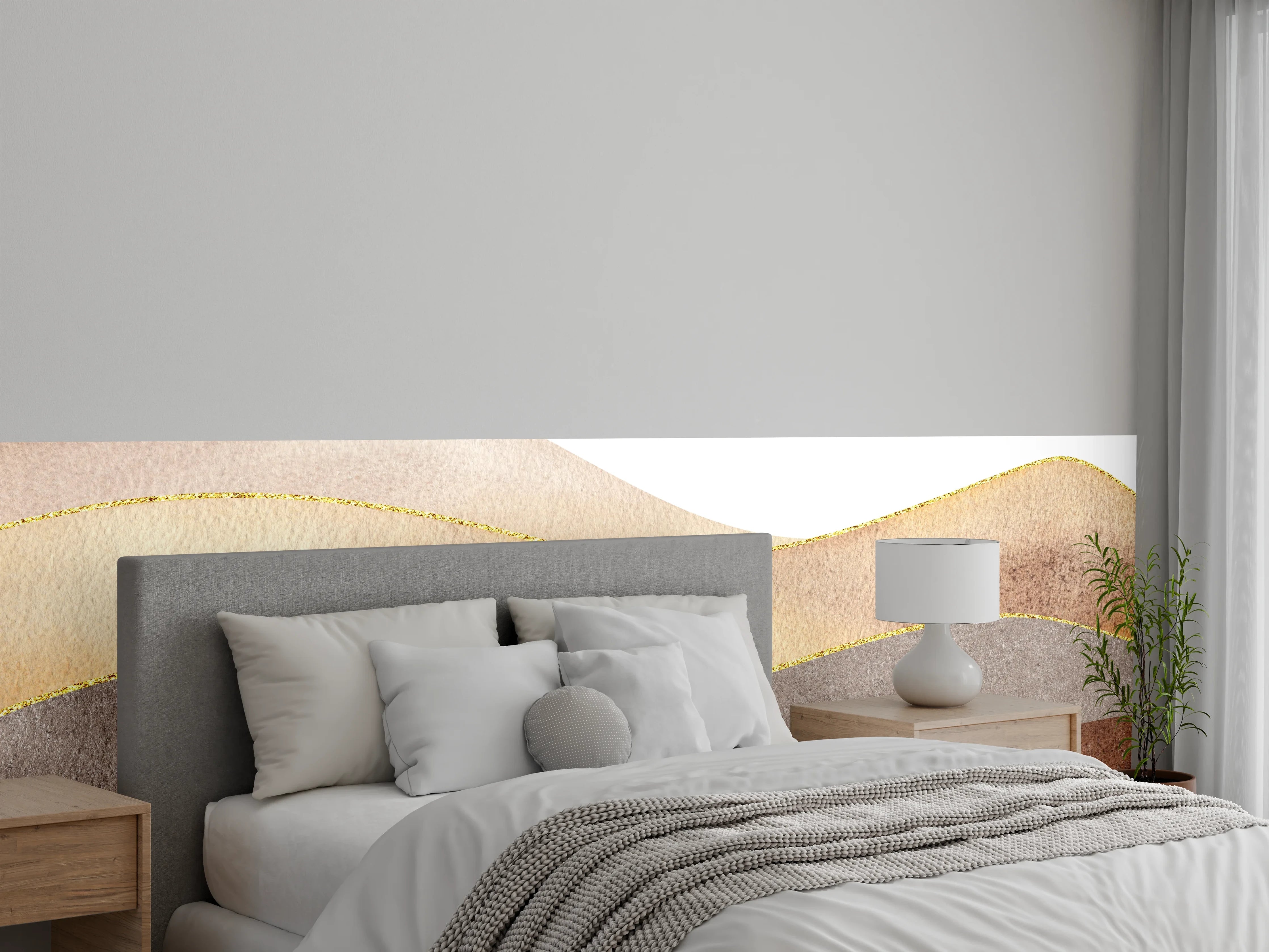 Wandverkleidung Schlafzimmer - Aquarell Wellenstruktur Braun Beige Grau