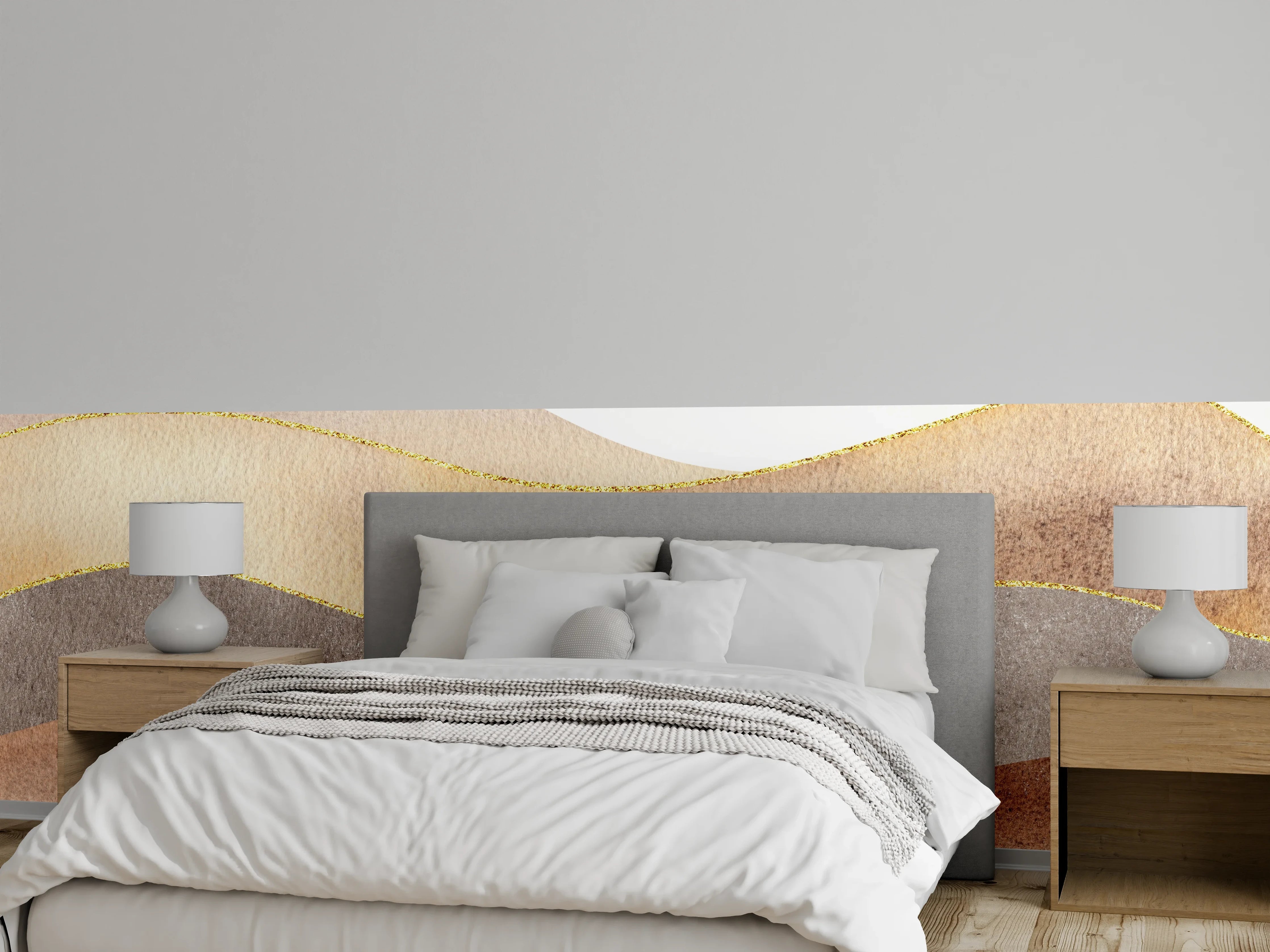 Wandverkleidung Schlafzimmer - Aquarell Wellenstruktur Braun Beige Grau