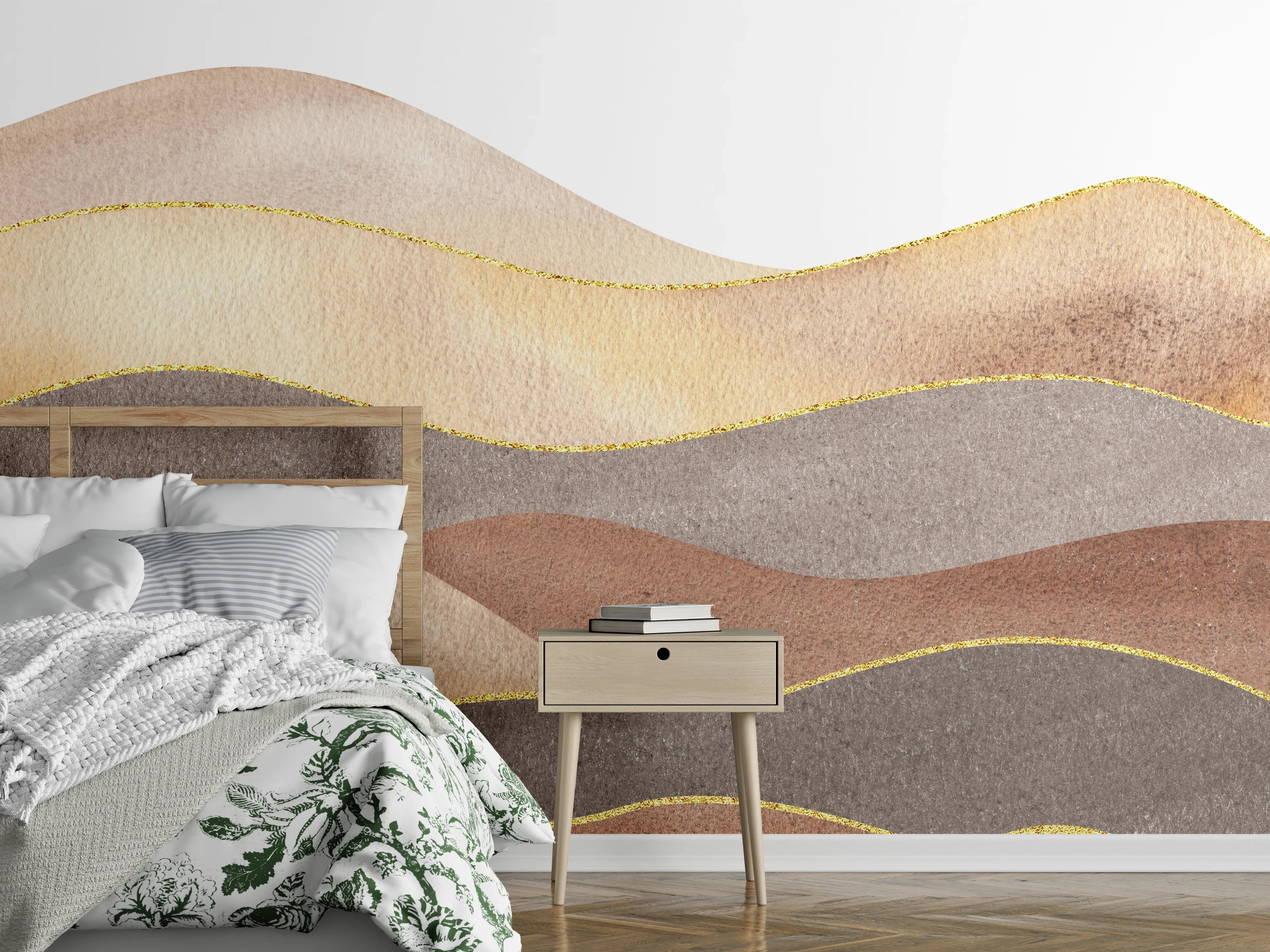 Wandverkleidung Schlafzimmer - Aquarell Wellenstruktur Braun Beige Grau