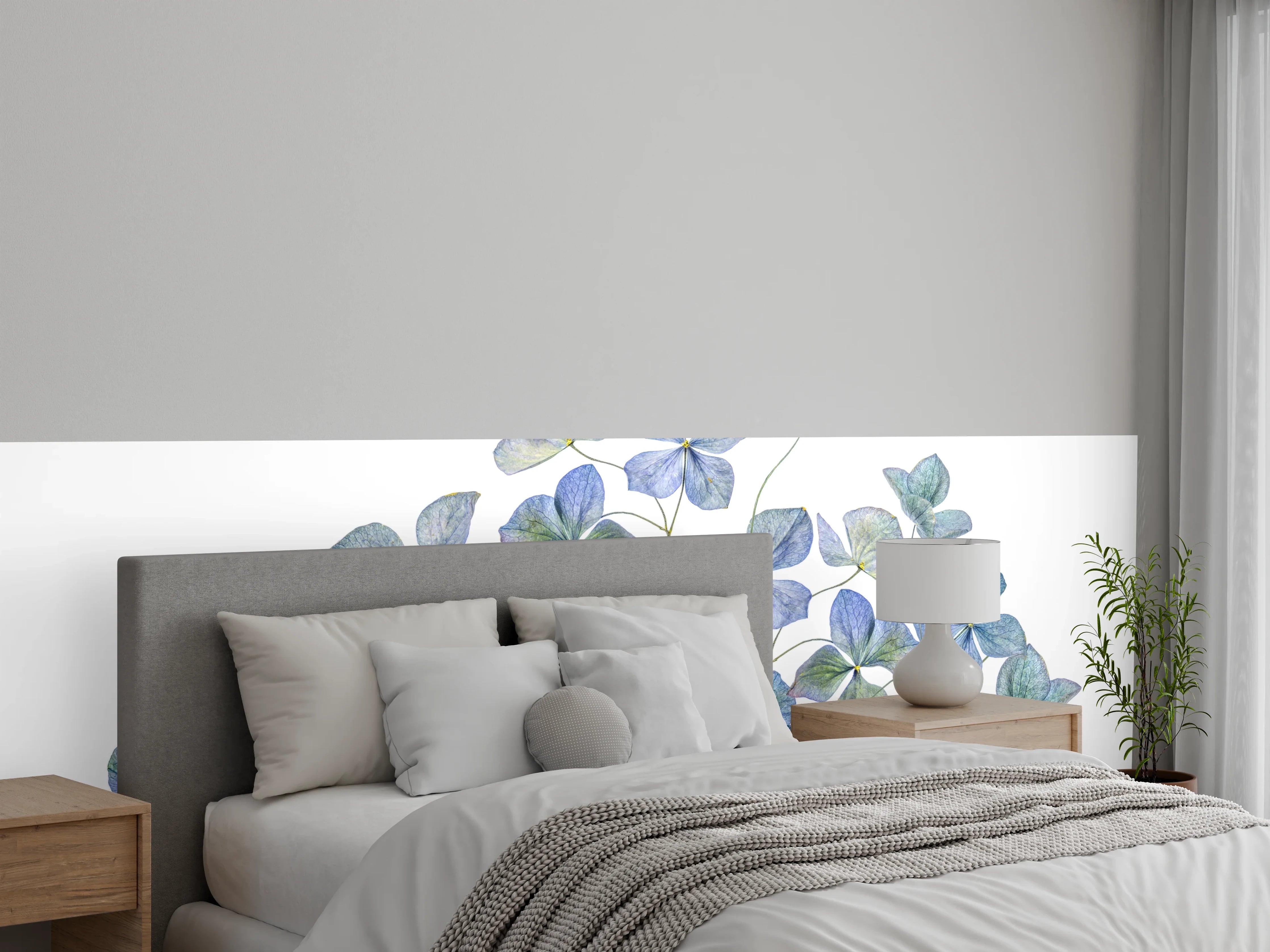 Wandverkleidung Schlafzimmer - Aquarellblaue Blüten Illustration