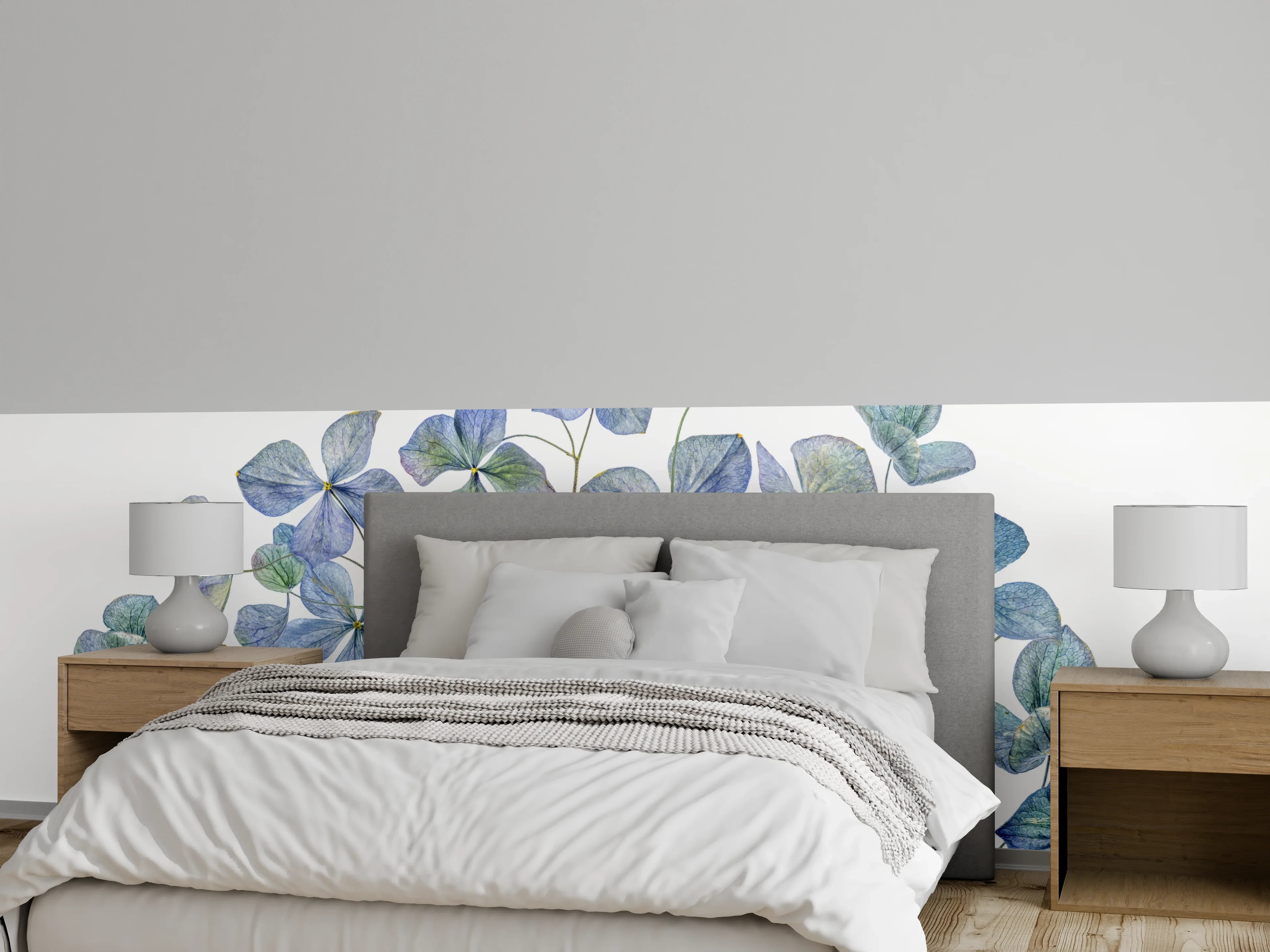 Wandverkleidung Schlafzimmer - Aquarellblaue Blüten Illustration