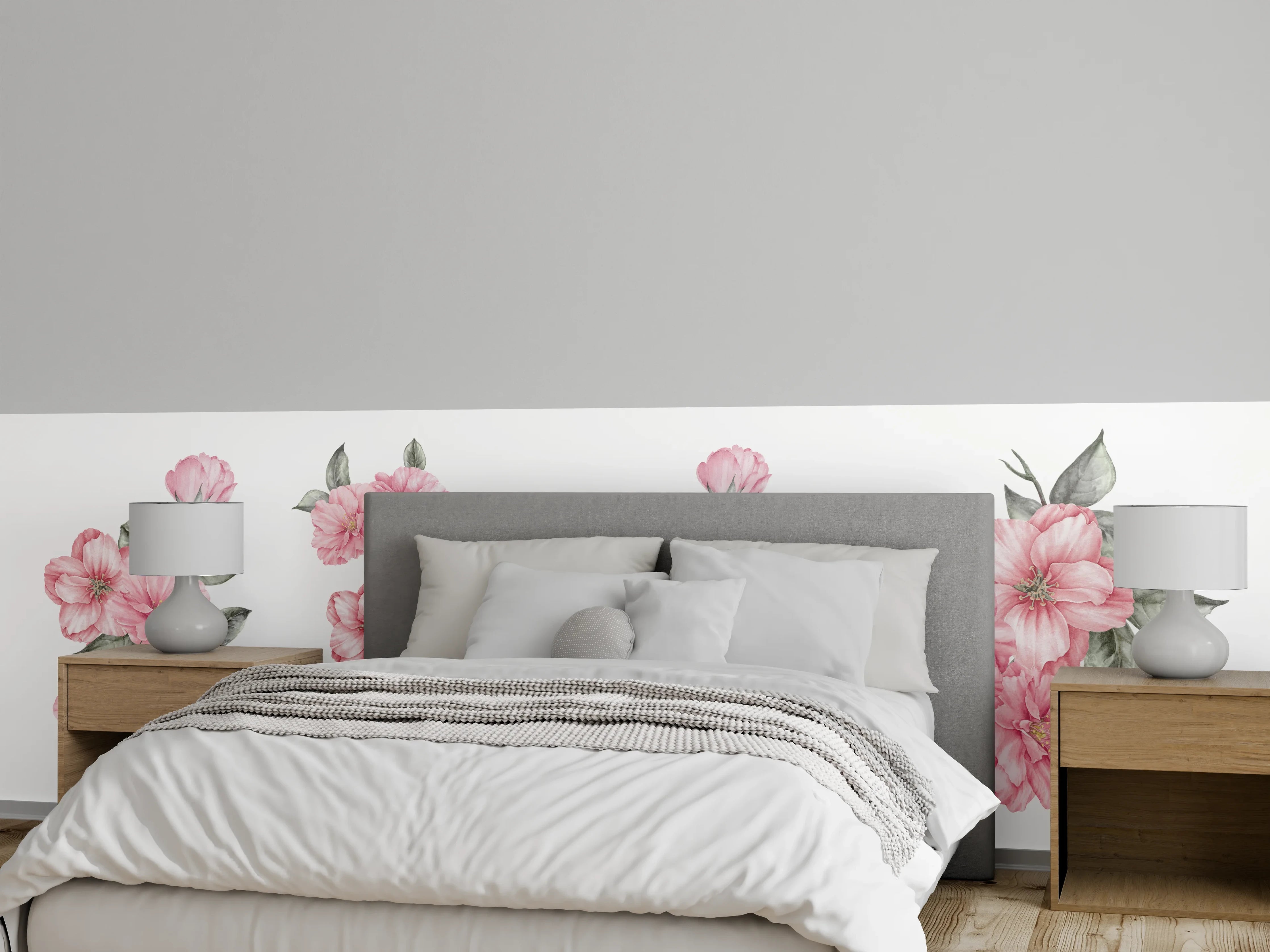 Wandverkleidung Schlafzimmer - Aquarellelemente von blühenden Sakura