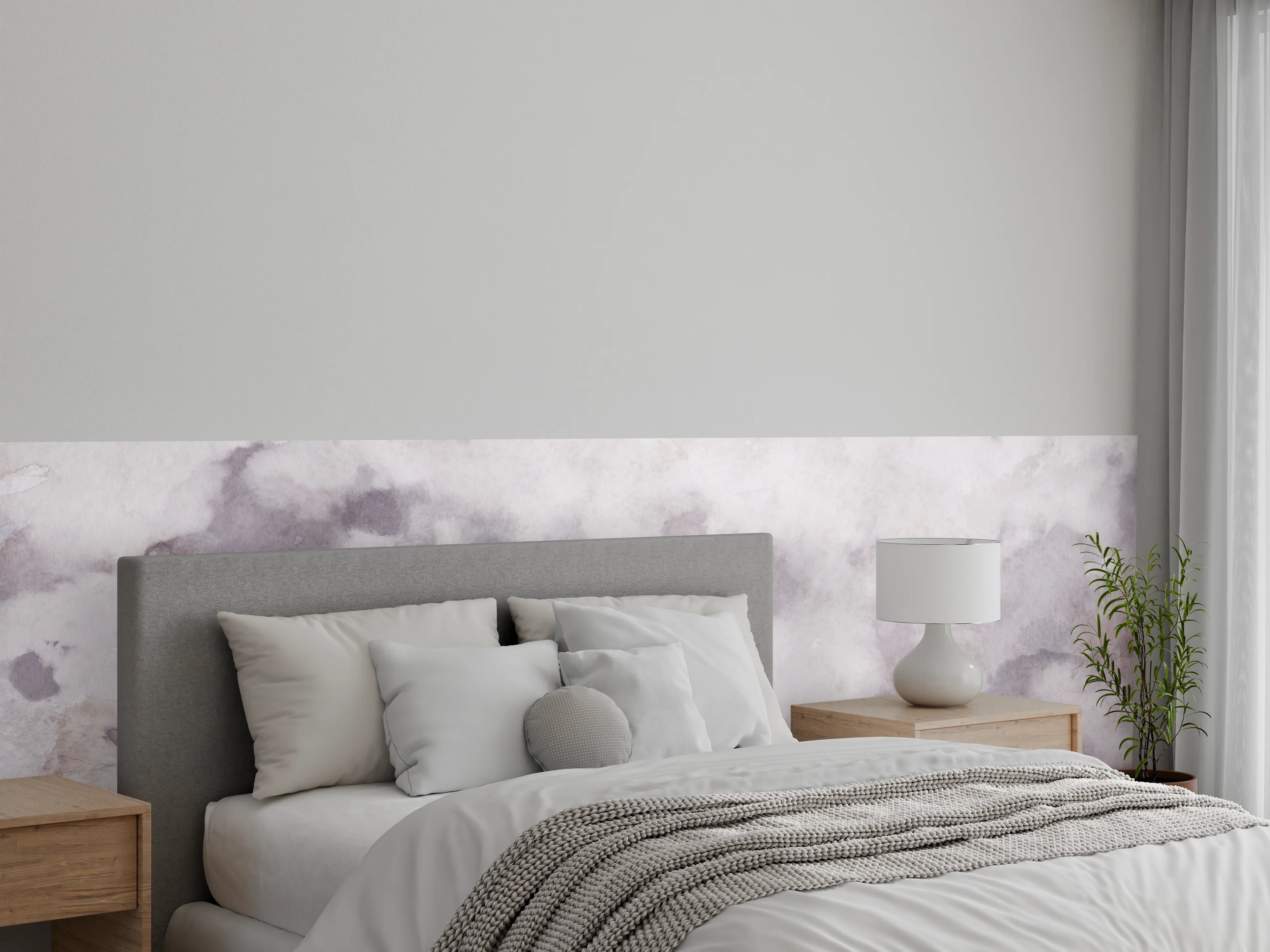 Wandverkleidung Schlafzimmer - Aquarelloptik in Weiß und Grau