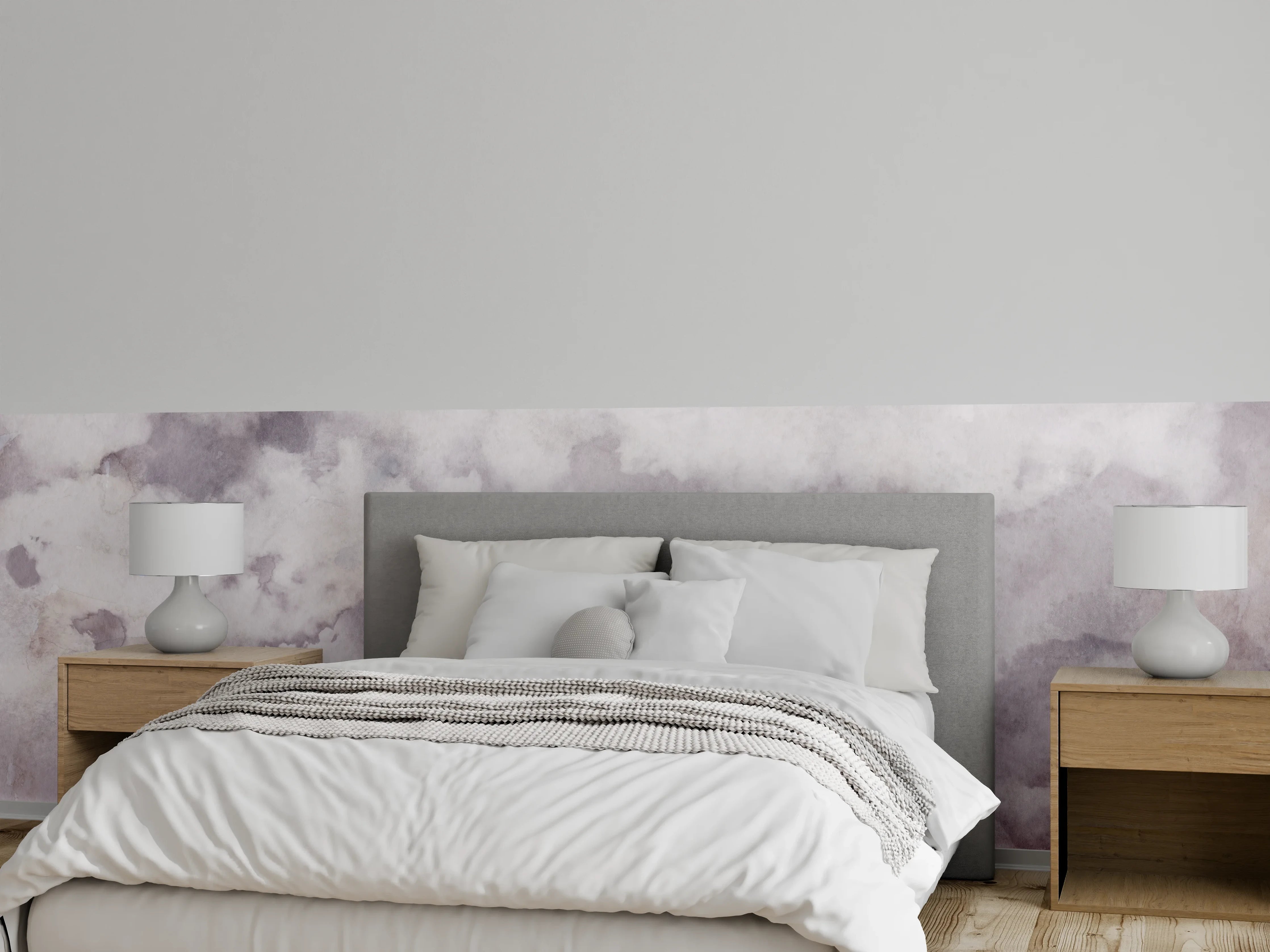 Wandverkleidung Schlafzimmer - Aquarelloptik in Weiß und Grau