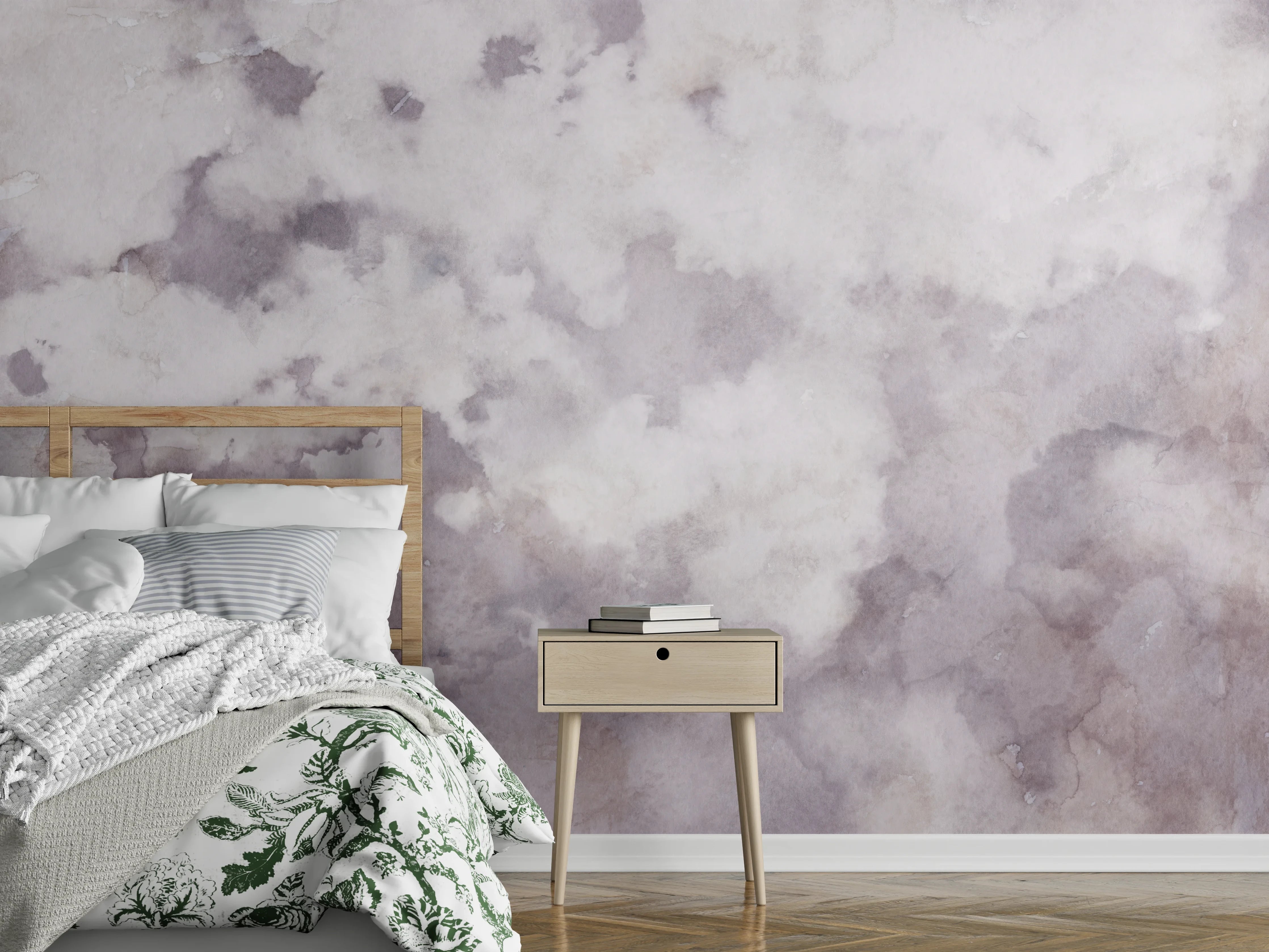 Wandverkleidung Schlafzimmer - Aquarelloptik in Weiß und Grau