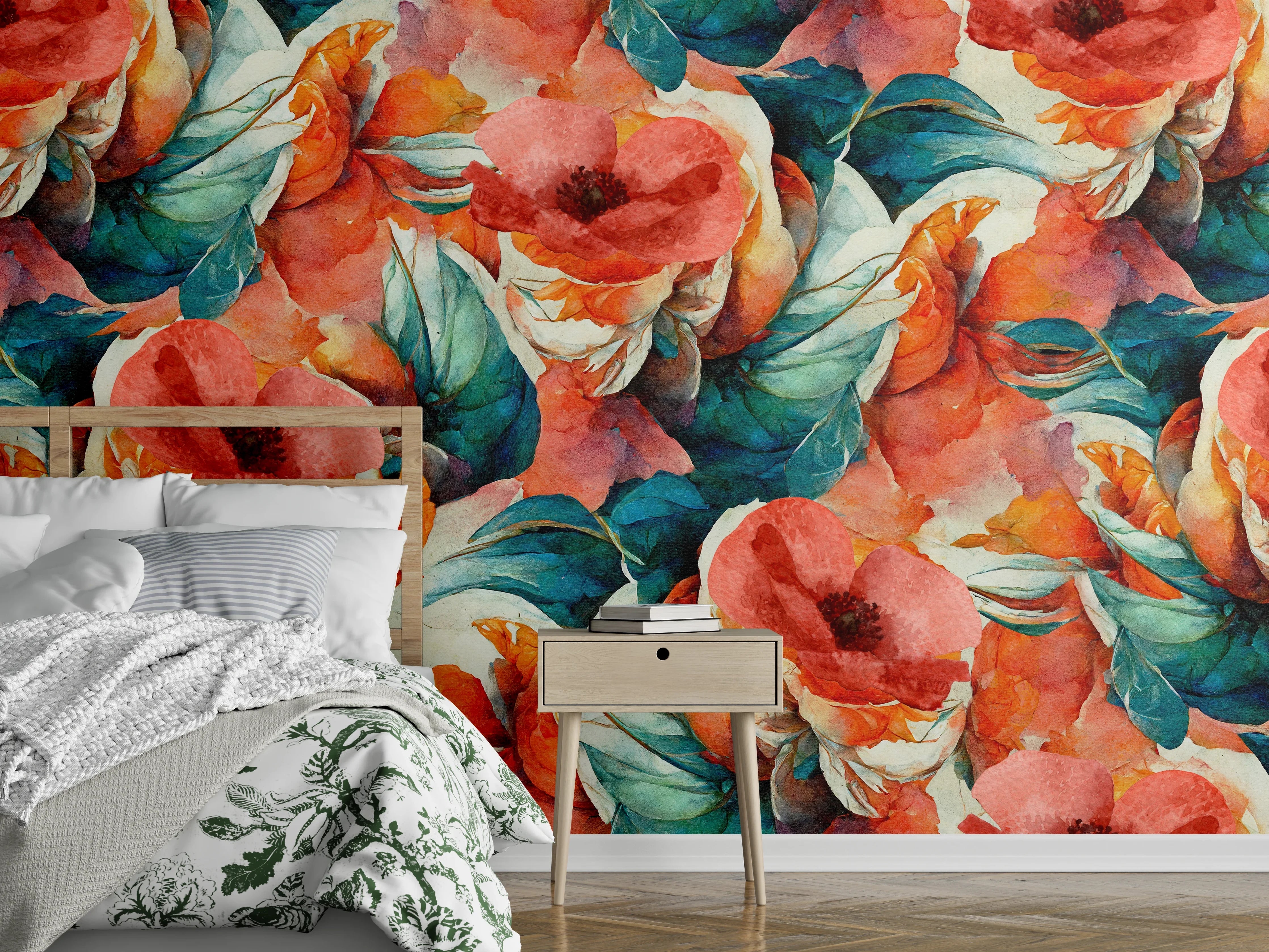 Wandverkleidung Schlafzimmer - Aquarellpapier - Florales Muster