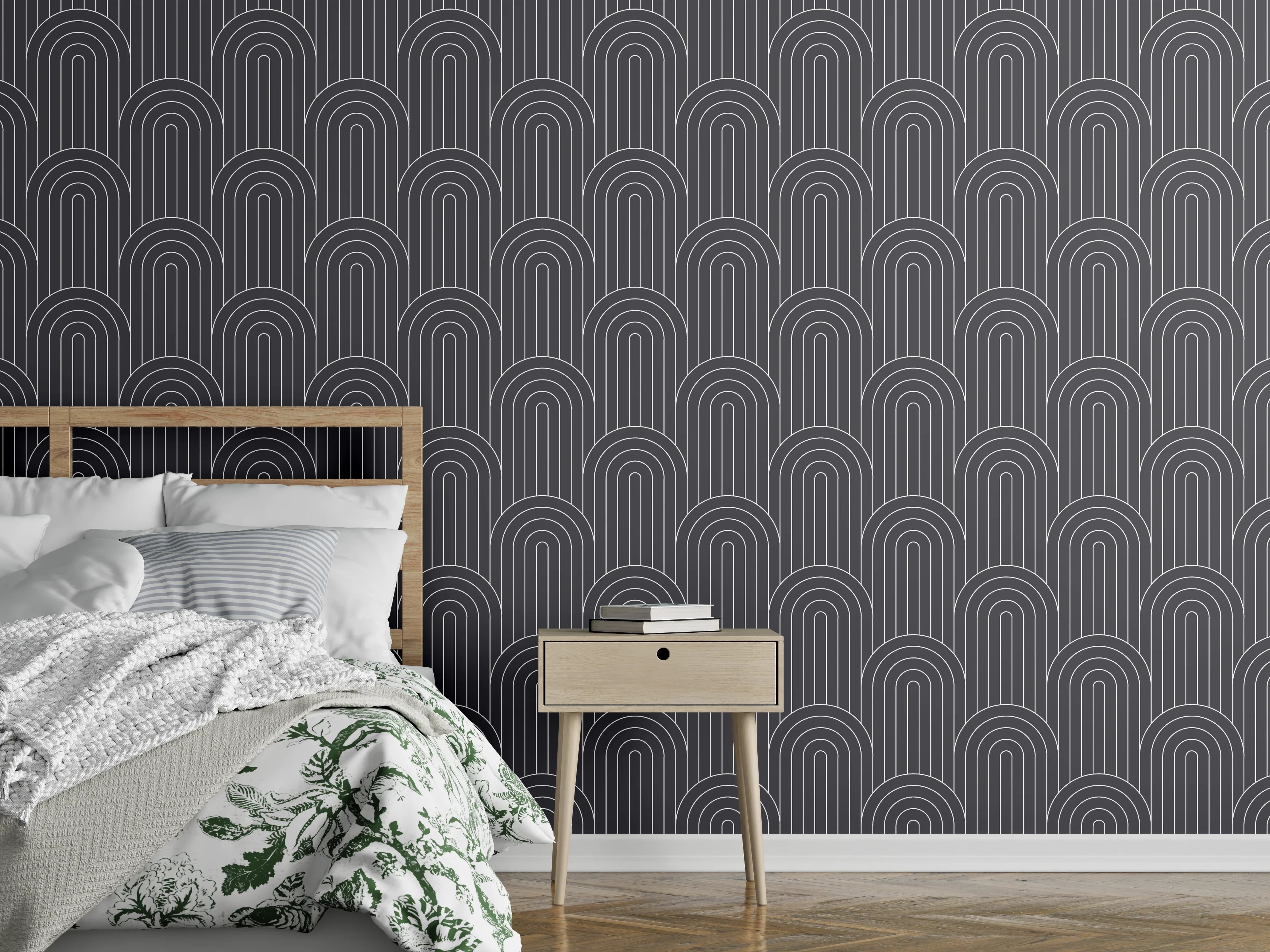 Wandverkleidung Schlafzimmer - Art Deco Bogenmuster dunkelgrau