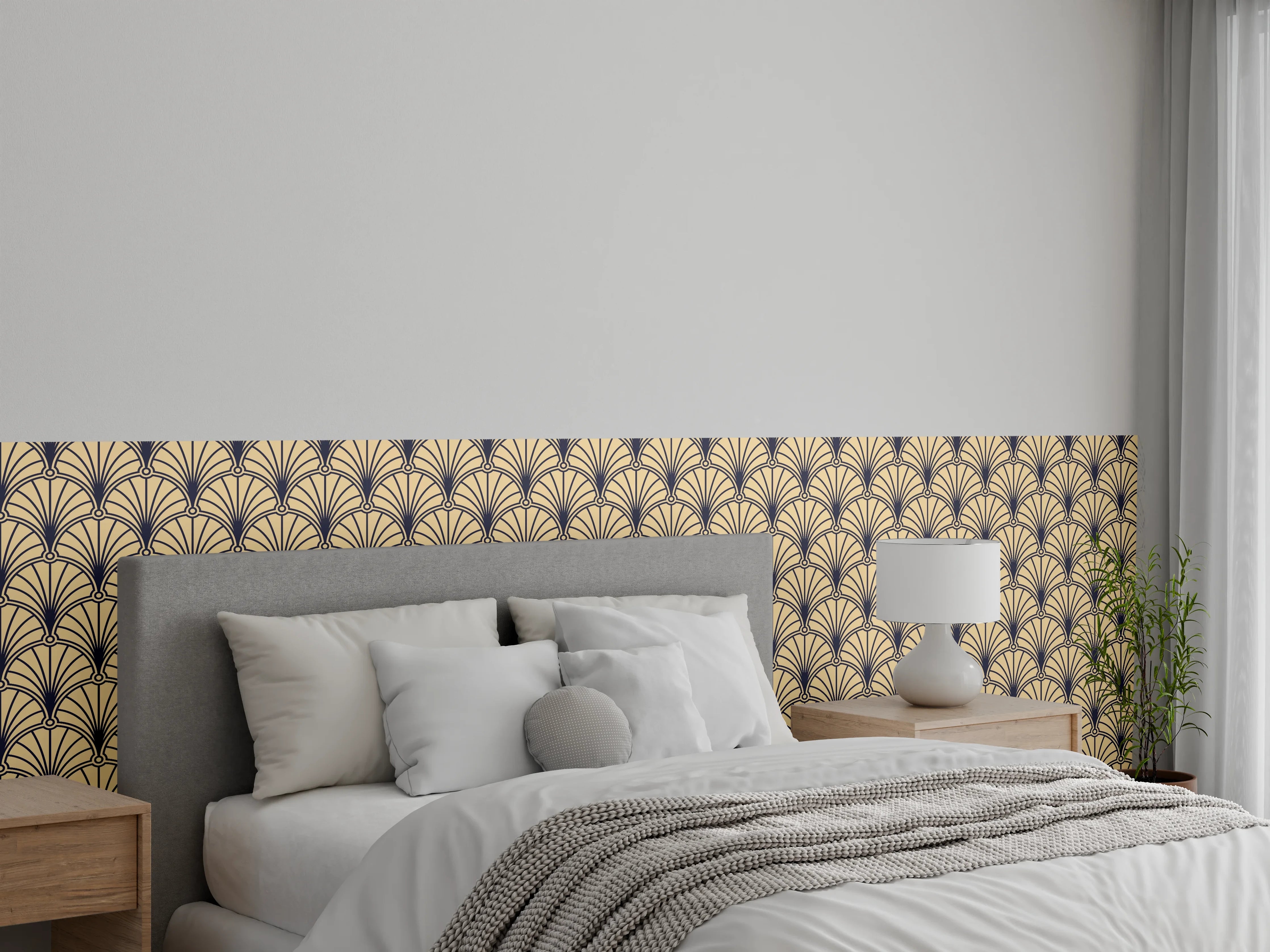 Wandverkleidung Schlafzimmer - Art Déco Muster gold-beige Wand