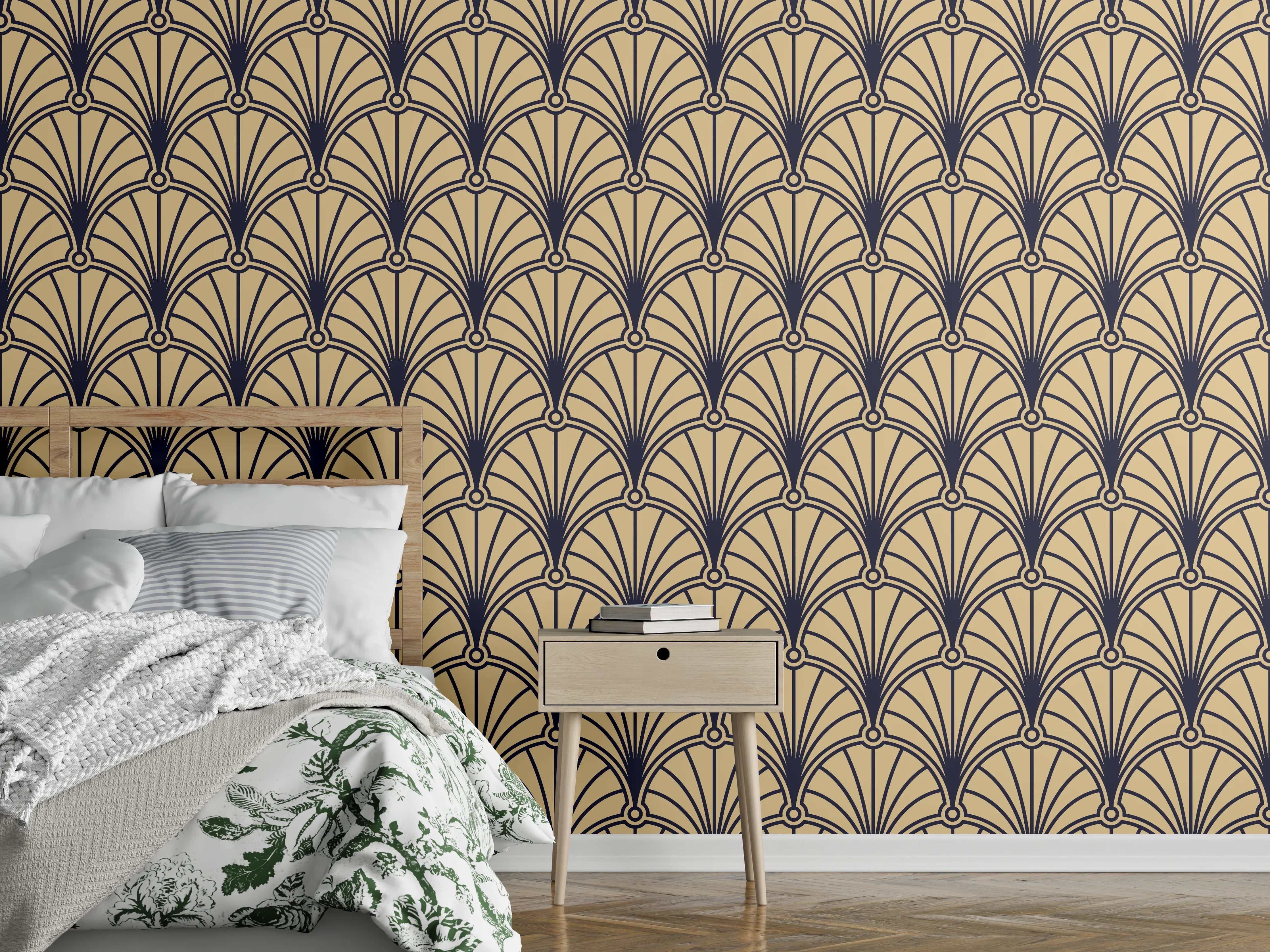 Wandverkleidung Schlafzimmer - Art Deco Muster in Beige und Schwarz