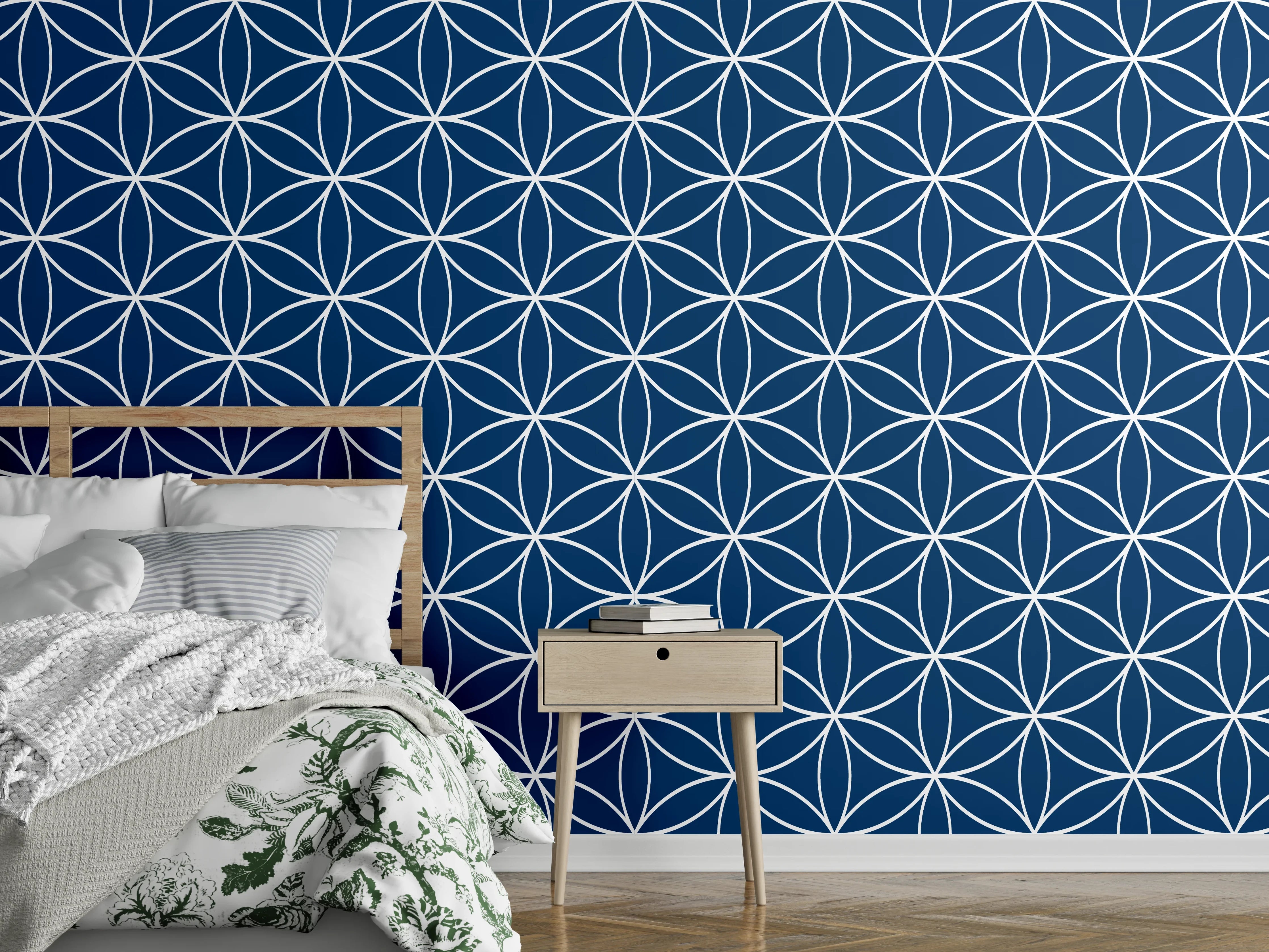 Wandverkleidung Schlafzimmer - Asanoha Muster auf Blau – modern
