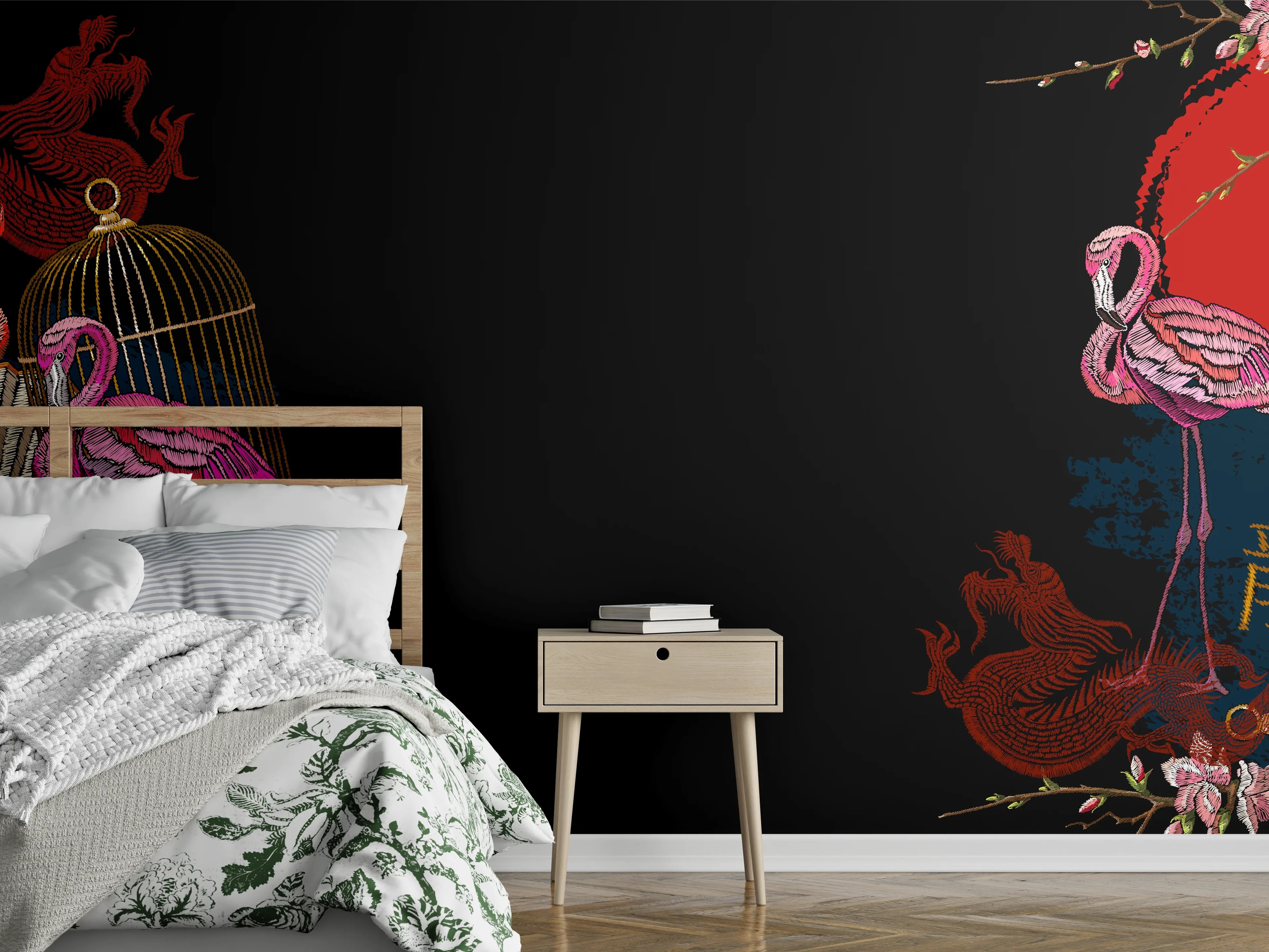 Wandverkleidung Schlafzimmer - Asiatischer Flamingo Drachenfächer