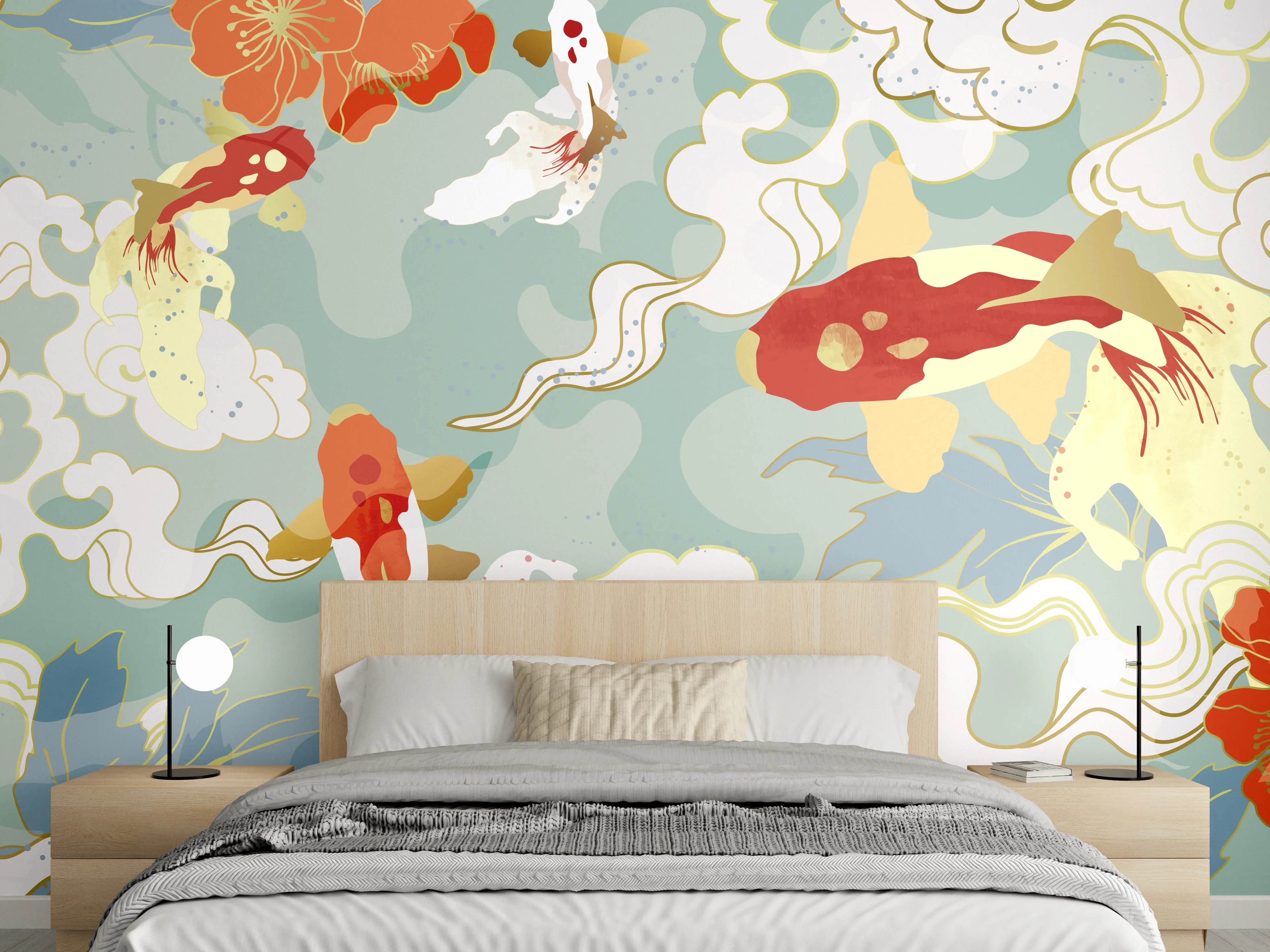 Wandverkleidung Schlafzimmer - Asiatisches Koi-Karpfen-Muster