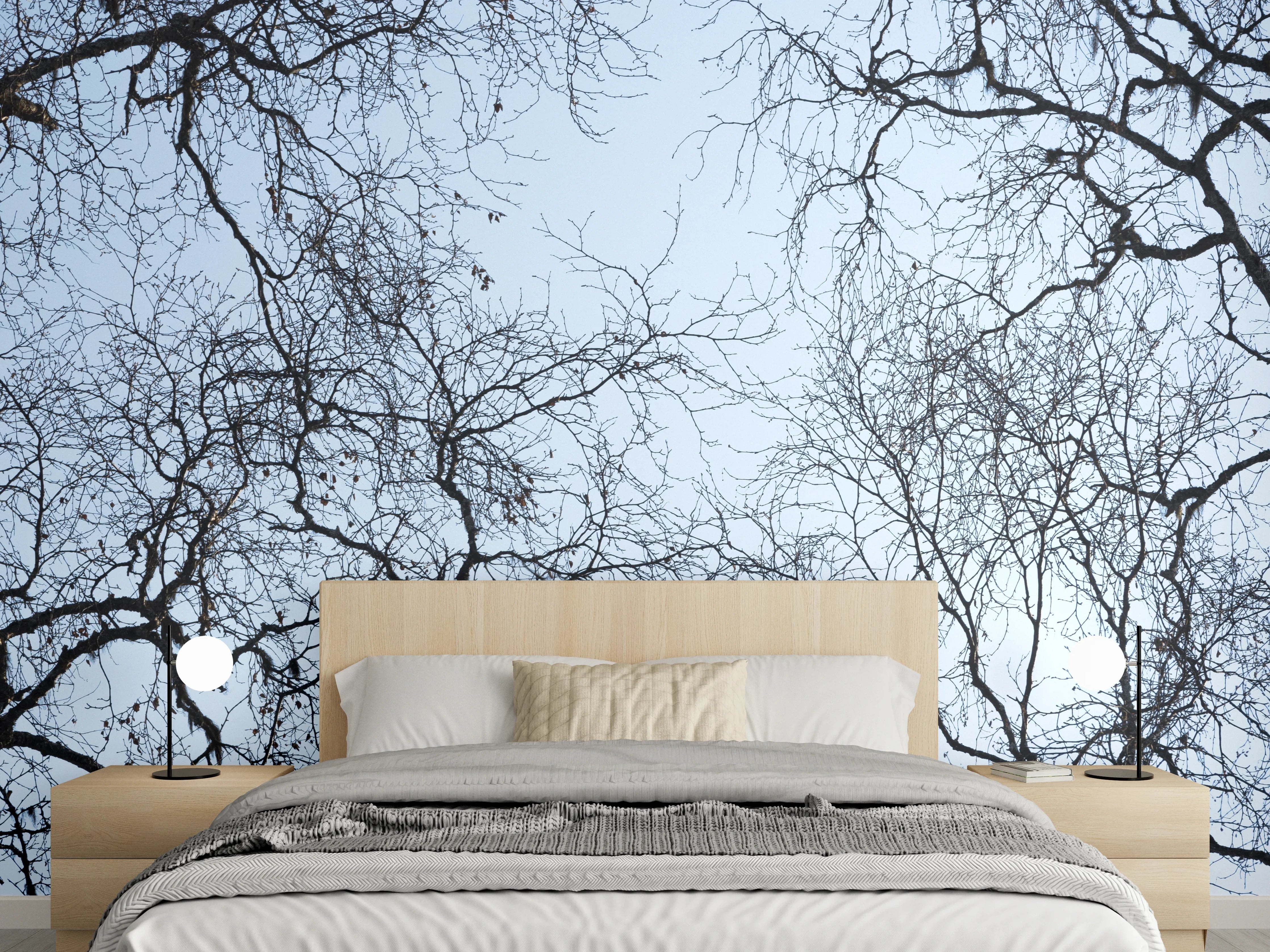 Wandverkleidung Schlafzimmer - Ästhetische Baum-Silhouetten vor blauem Himmel