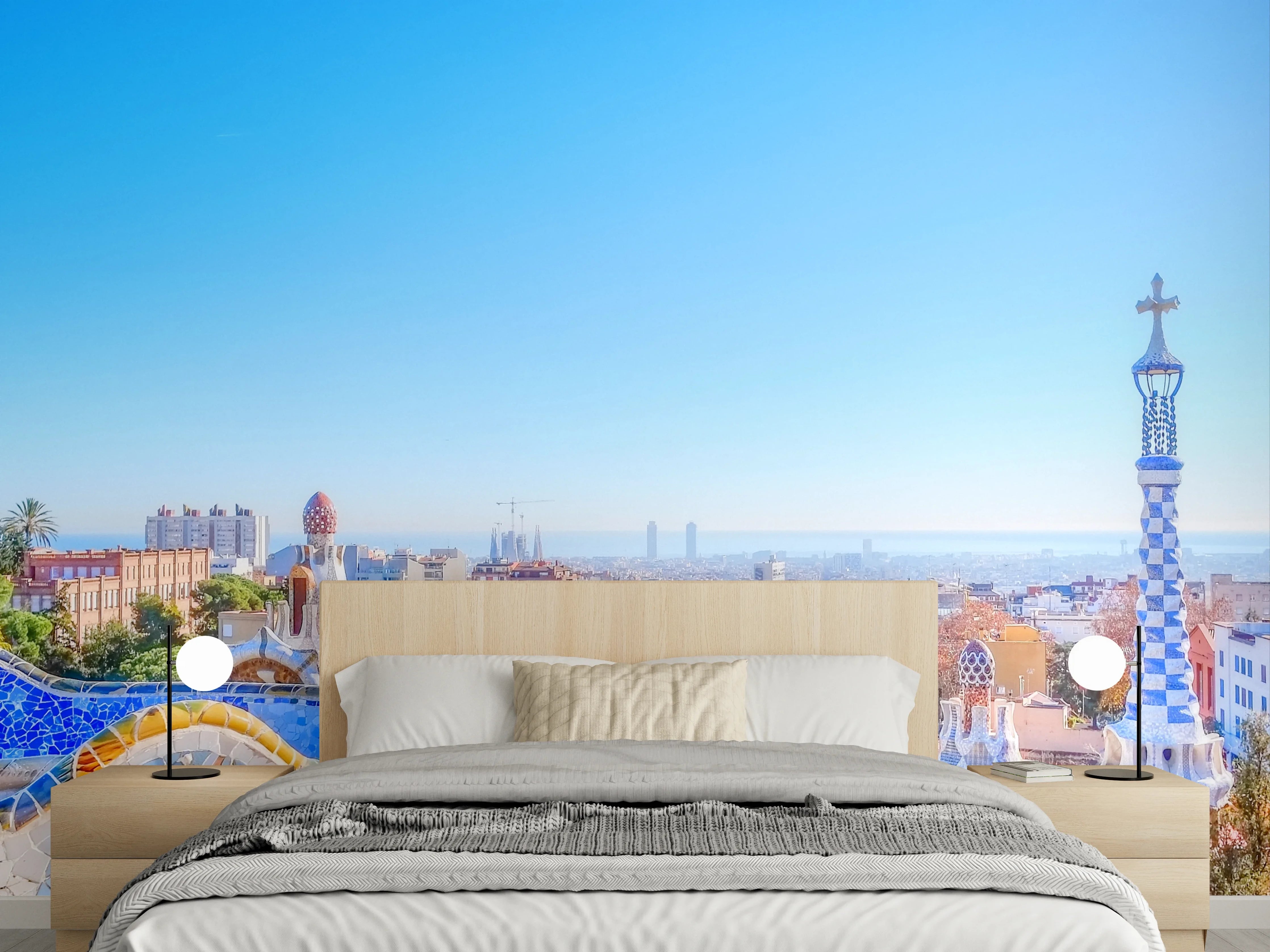Wandverkleidung Schlafzimmer - Barcelona Panorama: Park Güell und Skyline