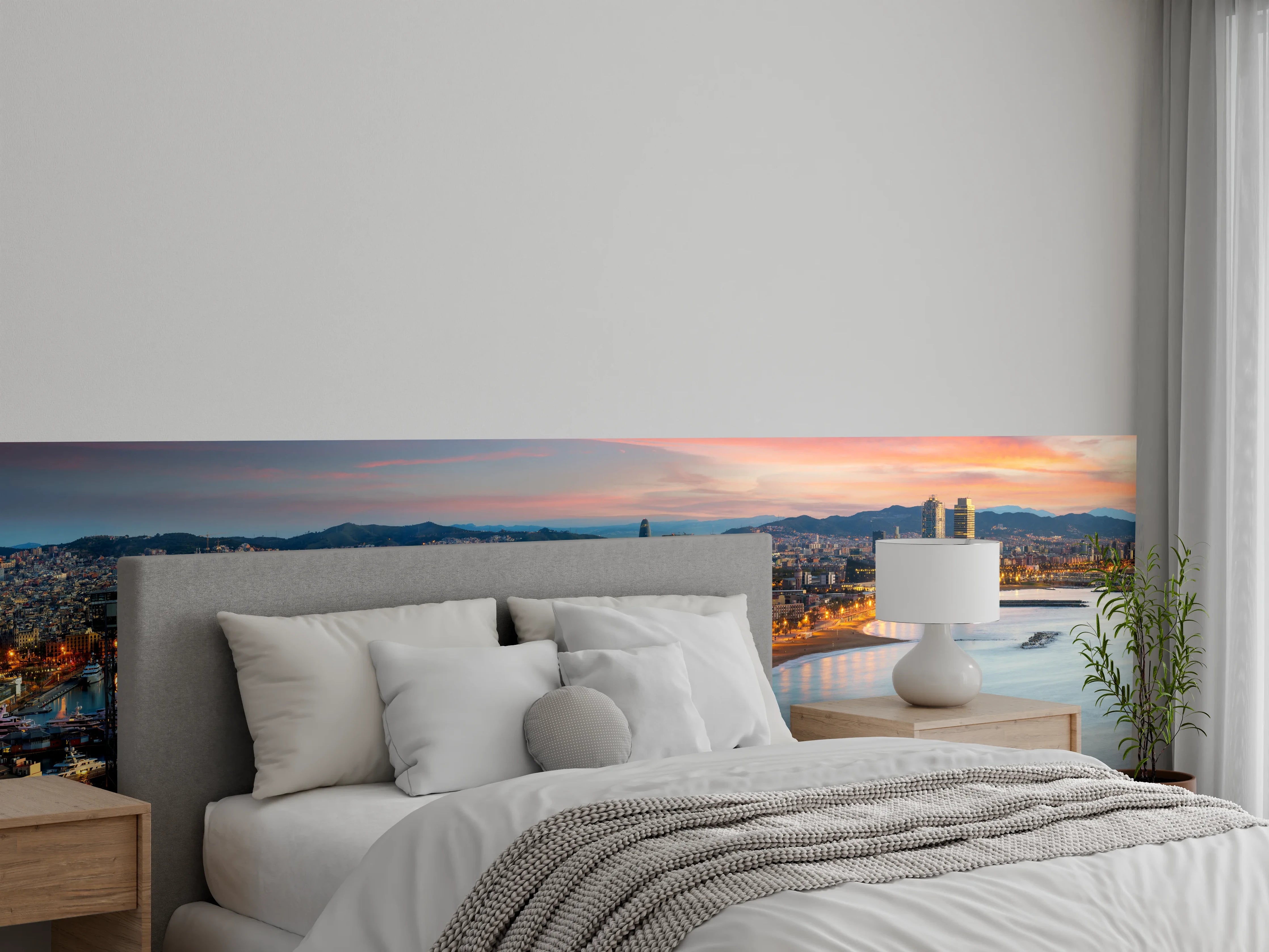 Wandverkleidung Schlafzimmer - Barcelona Skyline bei Sonnenuntergang Panorama