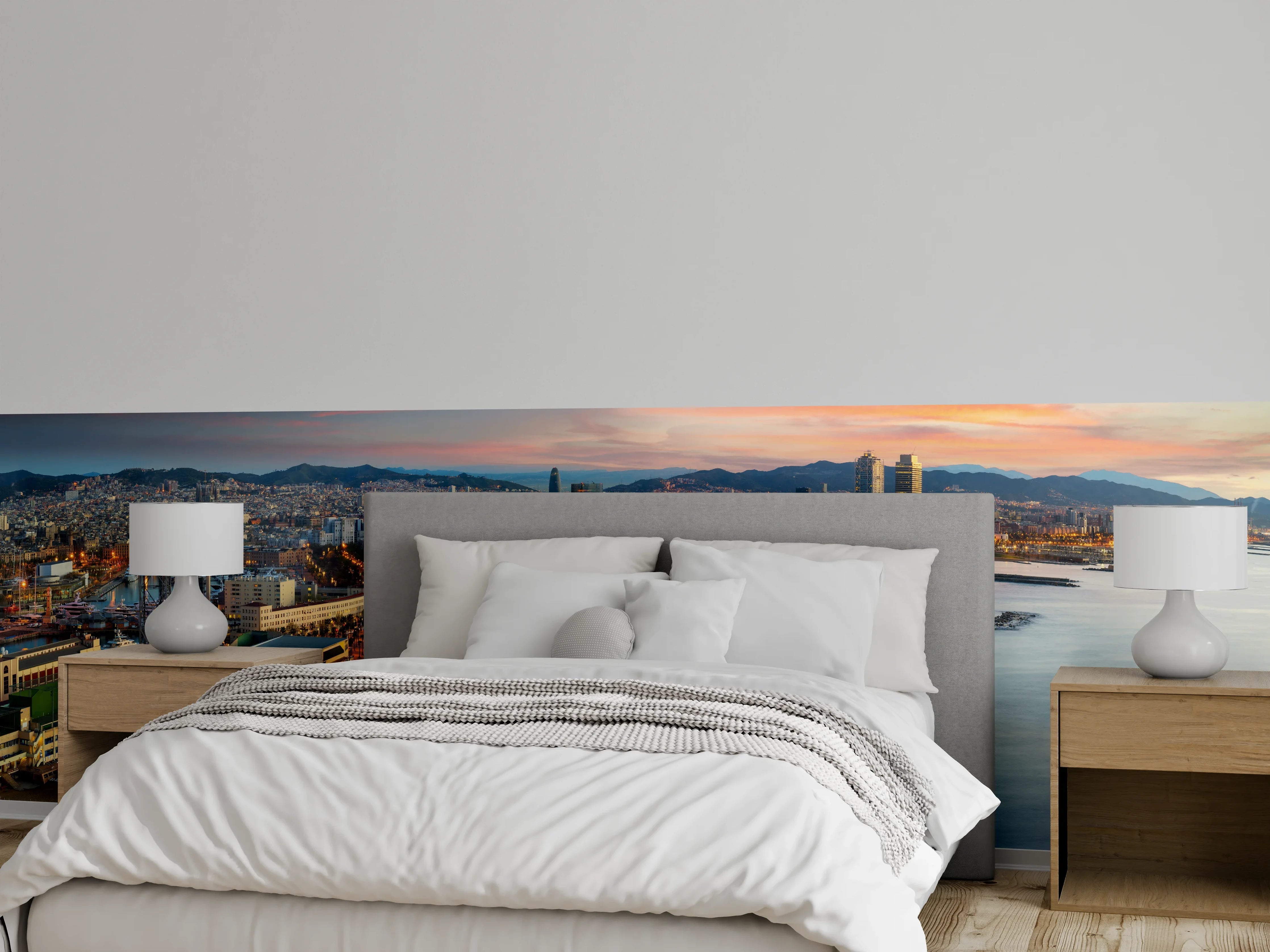 Wandverkleidung Schlafzimmer - Barcelona Skyline bei Sonnenuntergang Panorama