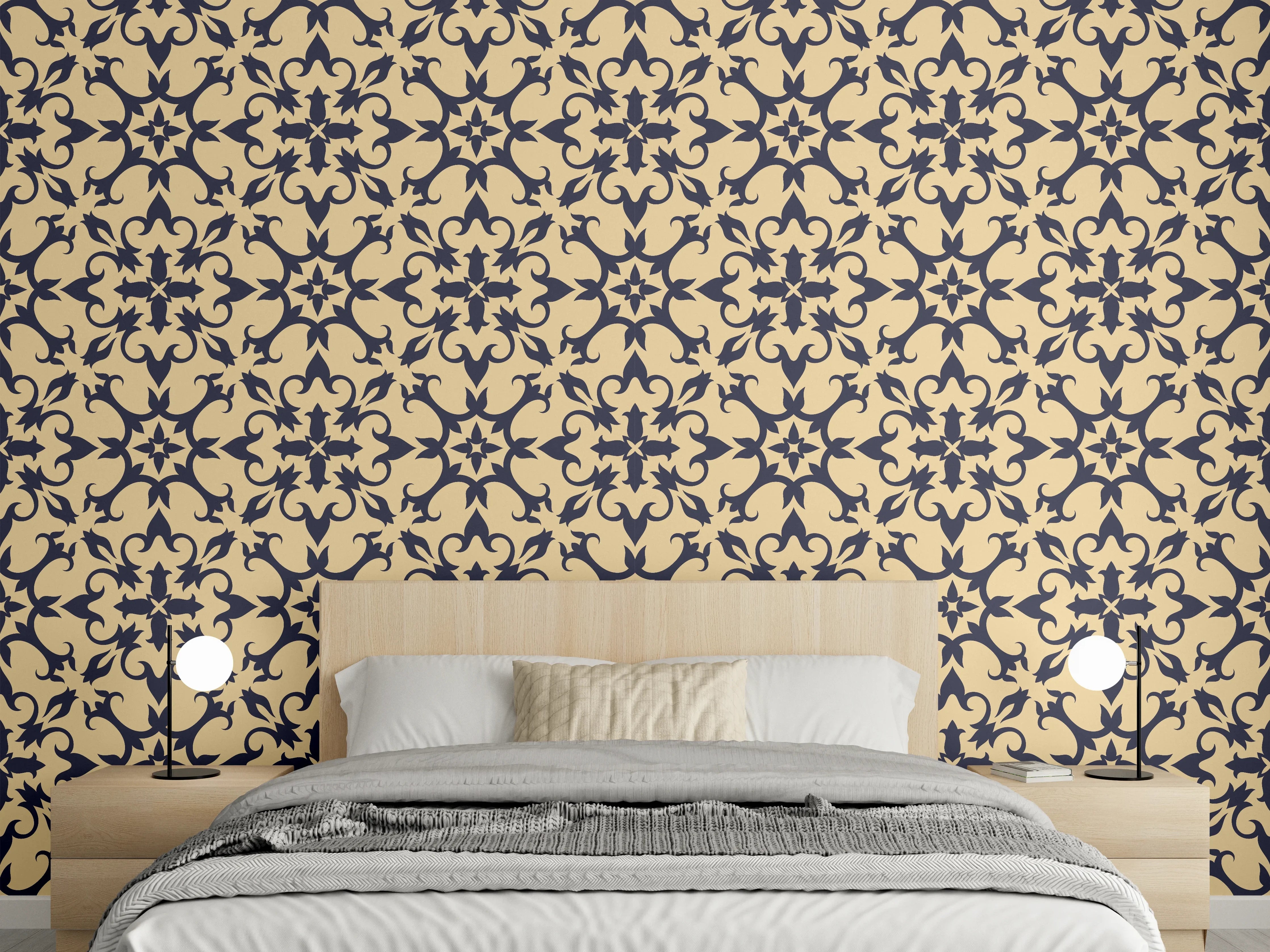 Wandverkleidung Schlafzimmer - Barockes Ornament Muster Beige Schwarz