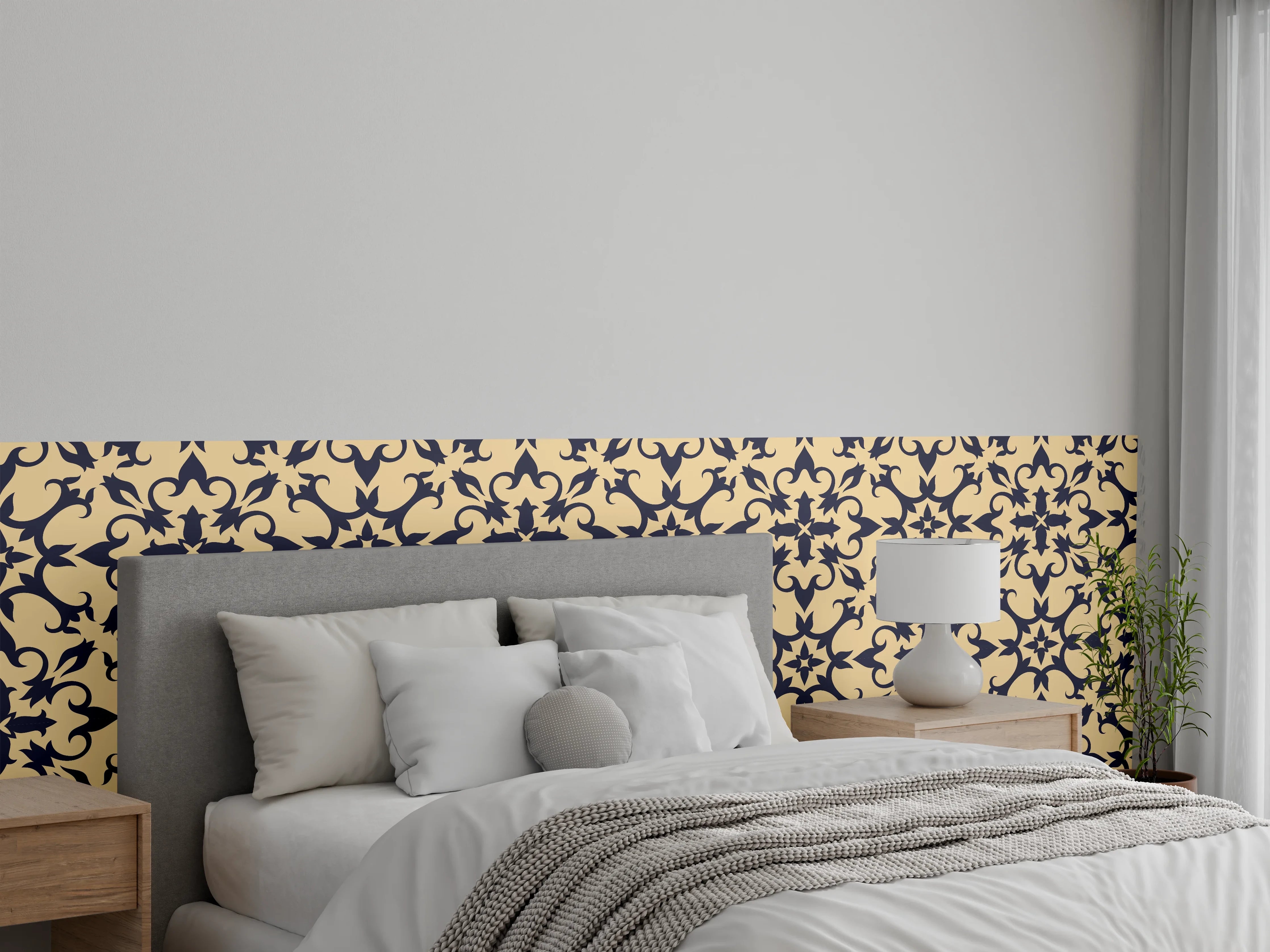Wandverkleidung Schlafzimmer - Barockes Ornament Muster Beige Schwarz