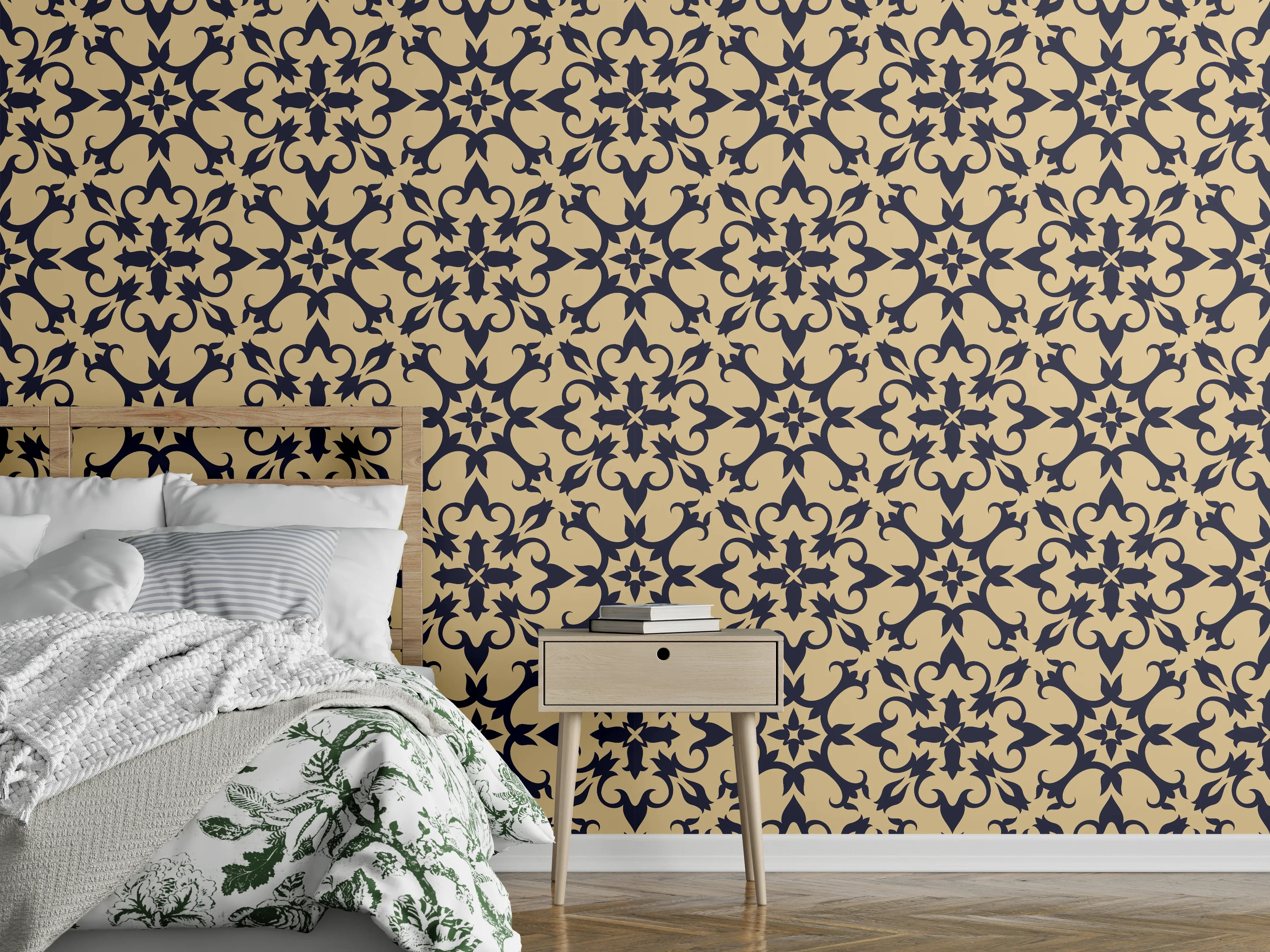 Wandverkleidung Schlafzimmer - Barockes Ornament Muster Beige Schwarz