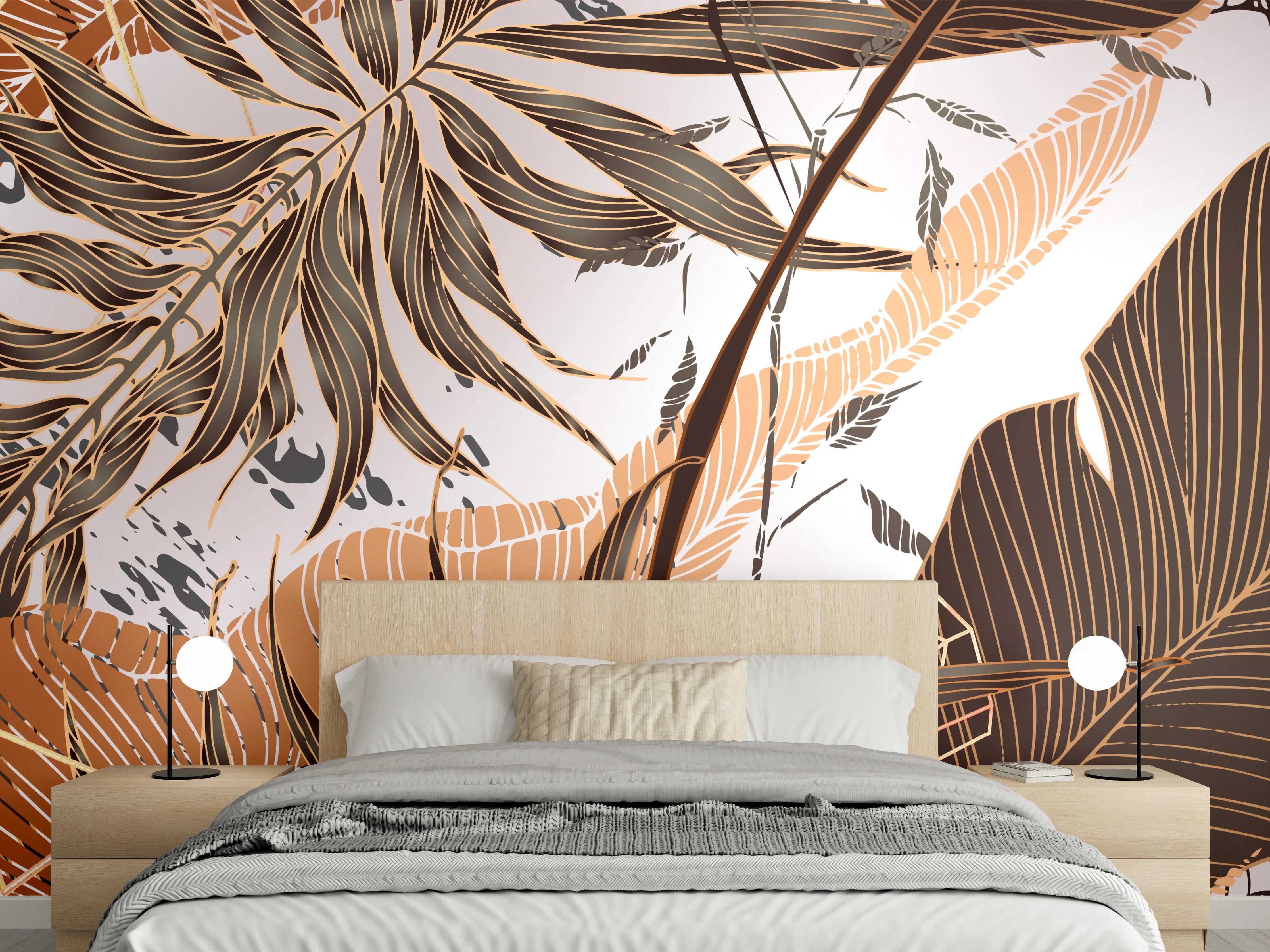 Wandverkleidung Schlafzimmer - Beige Blattmuster Tapete