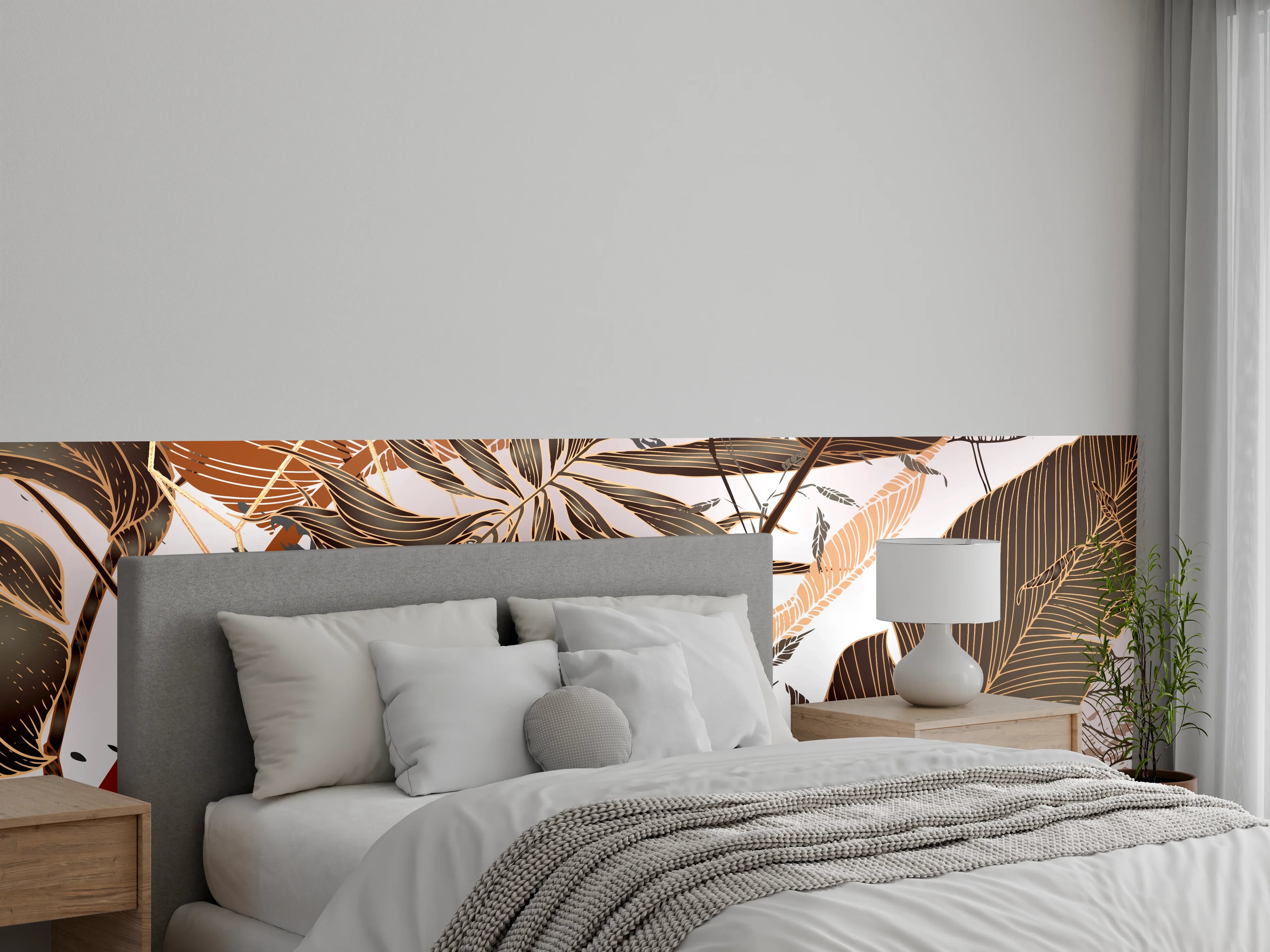 Wandverkleidung Schlafzimmer - Beige Blattmuster Tapete