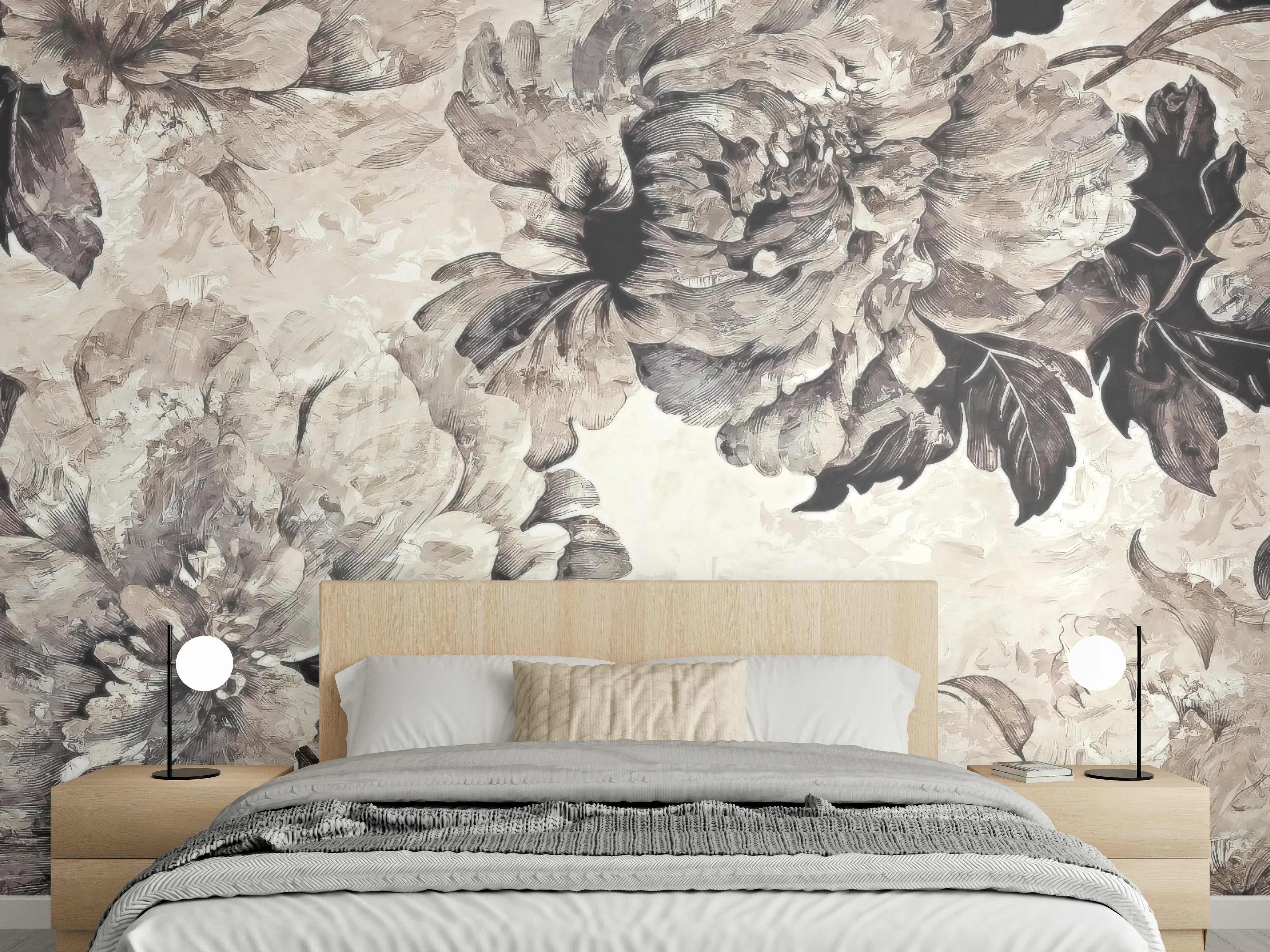 Wandverkleidung Schlafzimmer - Beige Blumenpanorama Kunstwerk