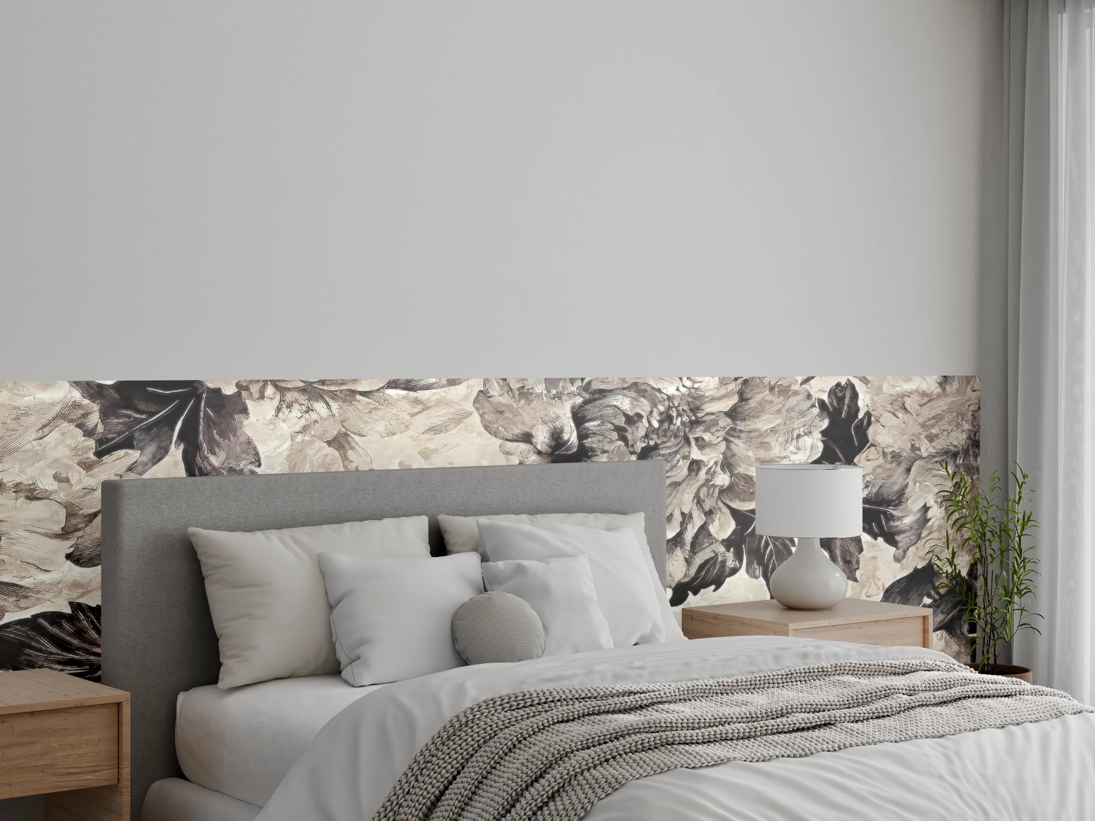 Wandverkleidung Schlafzimmer - Beige Blumenpanorama Kunstwerk