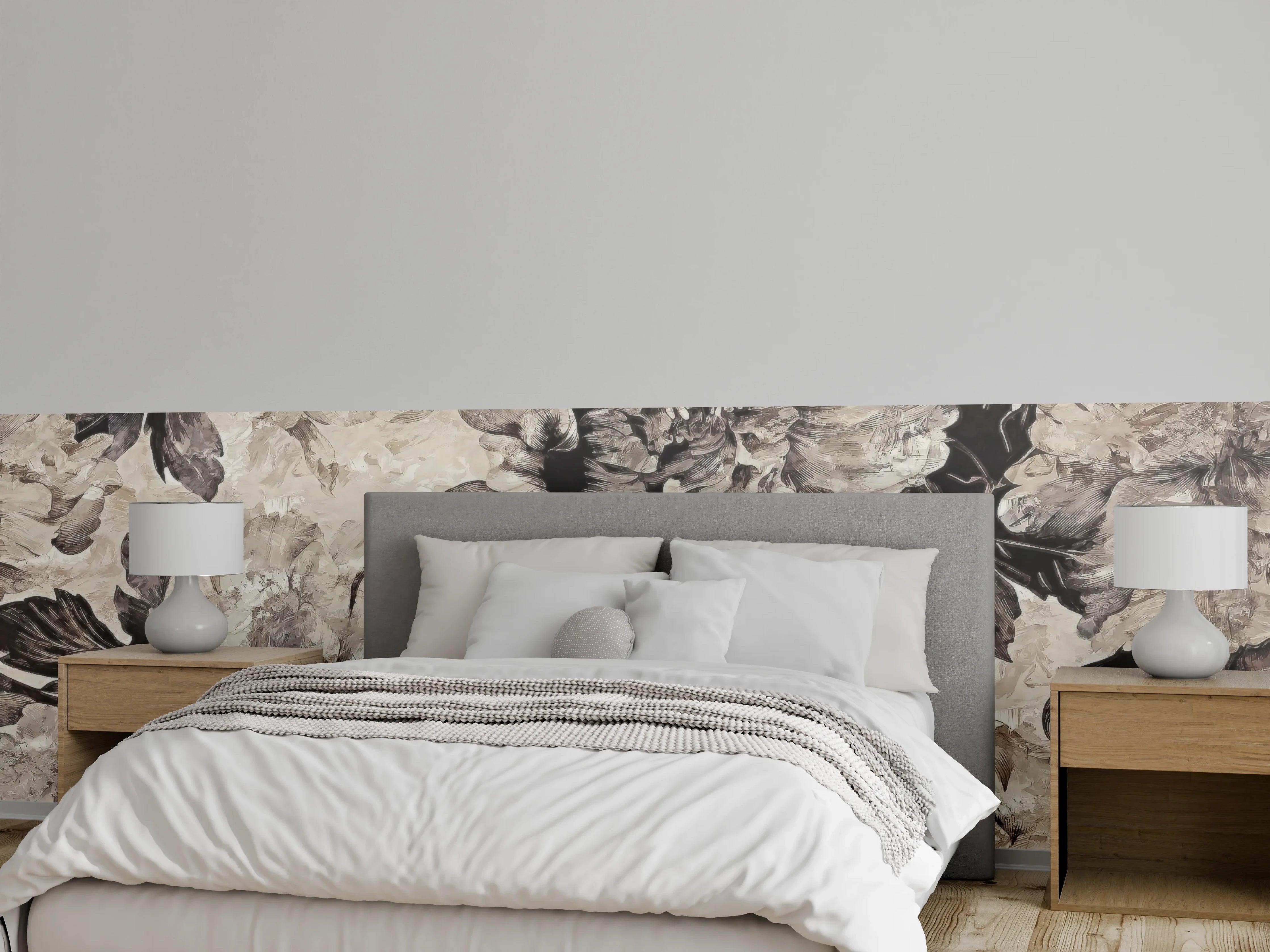 Wandverkleidung Schlafzimmer - Beige Blumenpanorama Kunstwerk