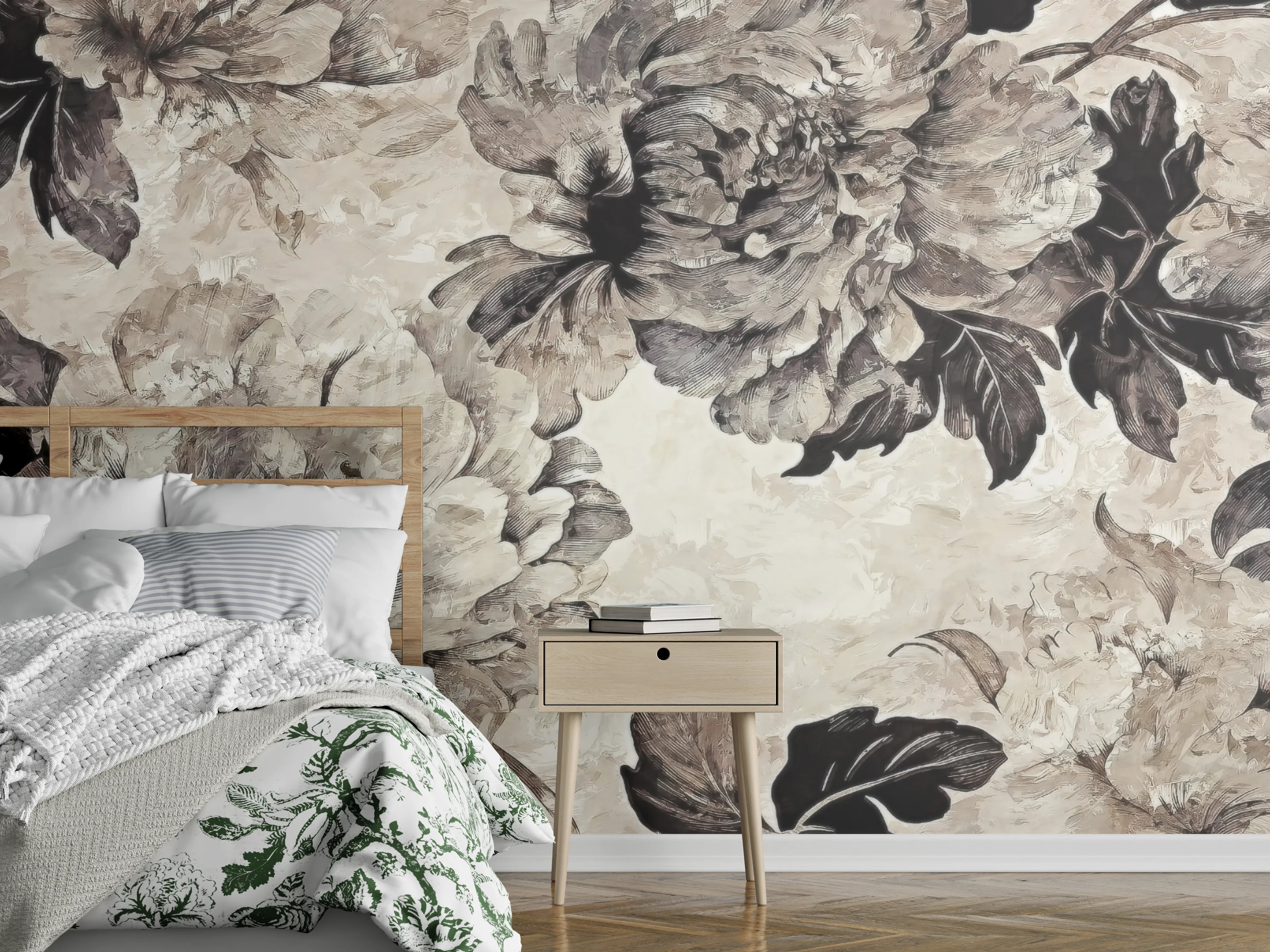 Wandverkleidung Schlafzimmer - Beige Blumenpanorama Kunstwerk