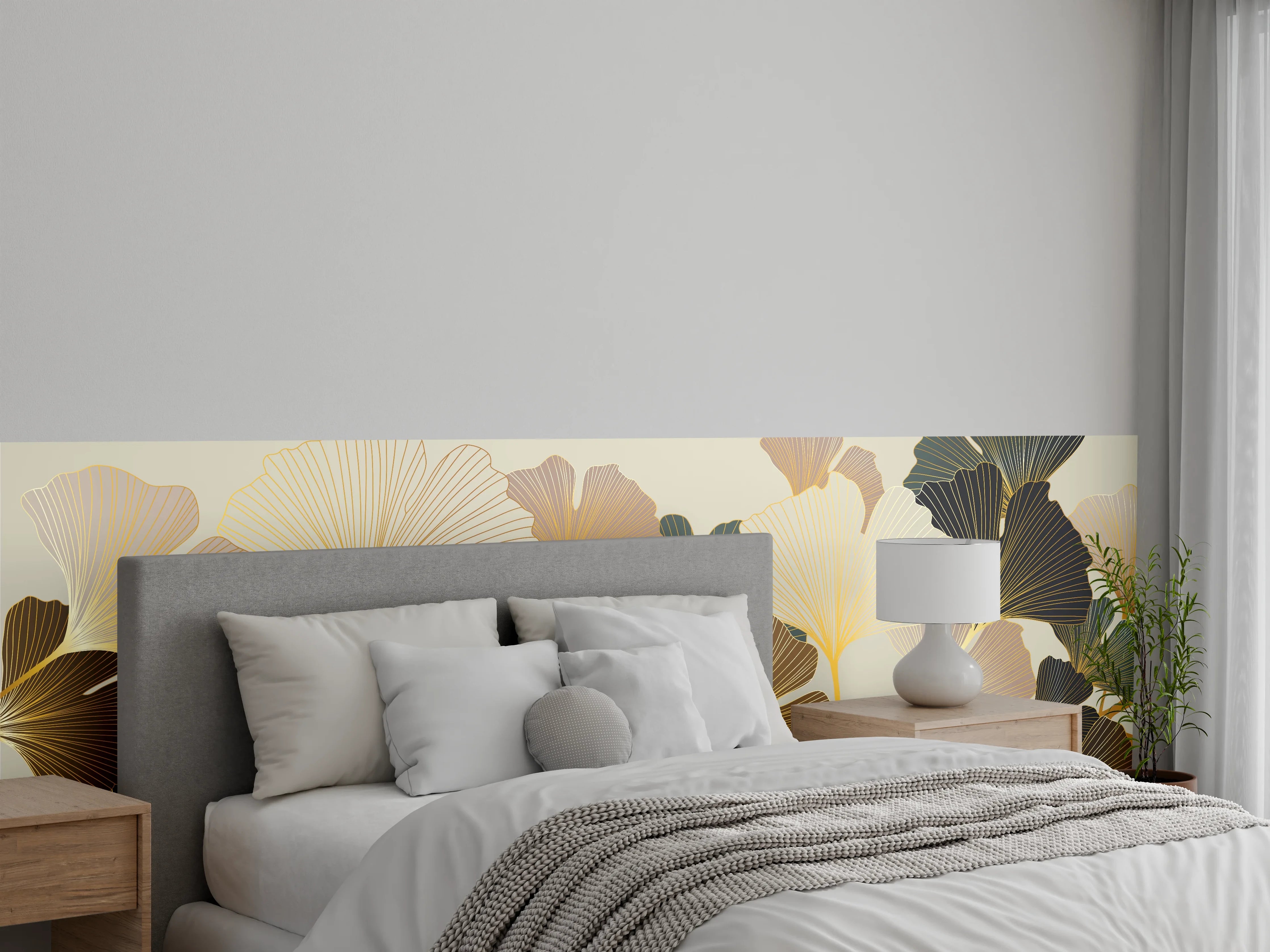 Wandverkleidung Schlafzimmer - Beige Ginkgo Blattmuster Tapete