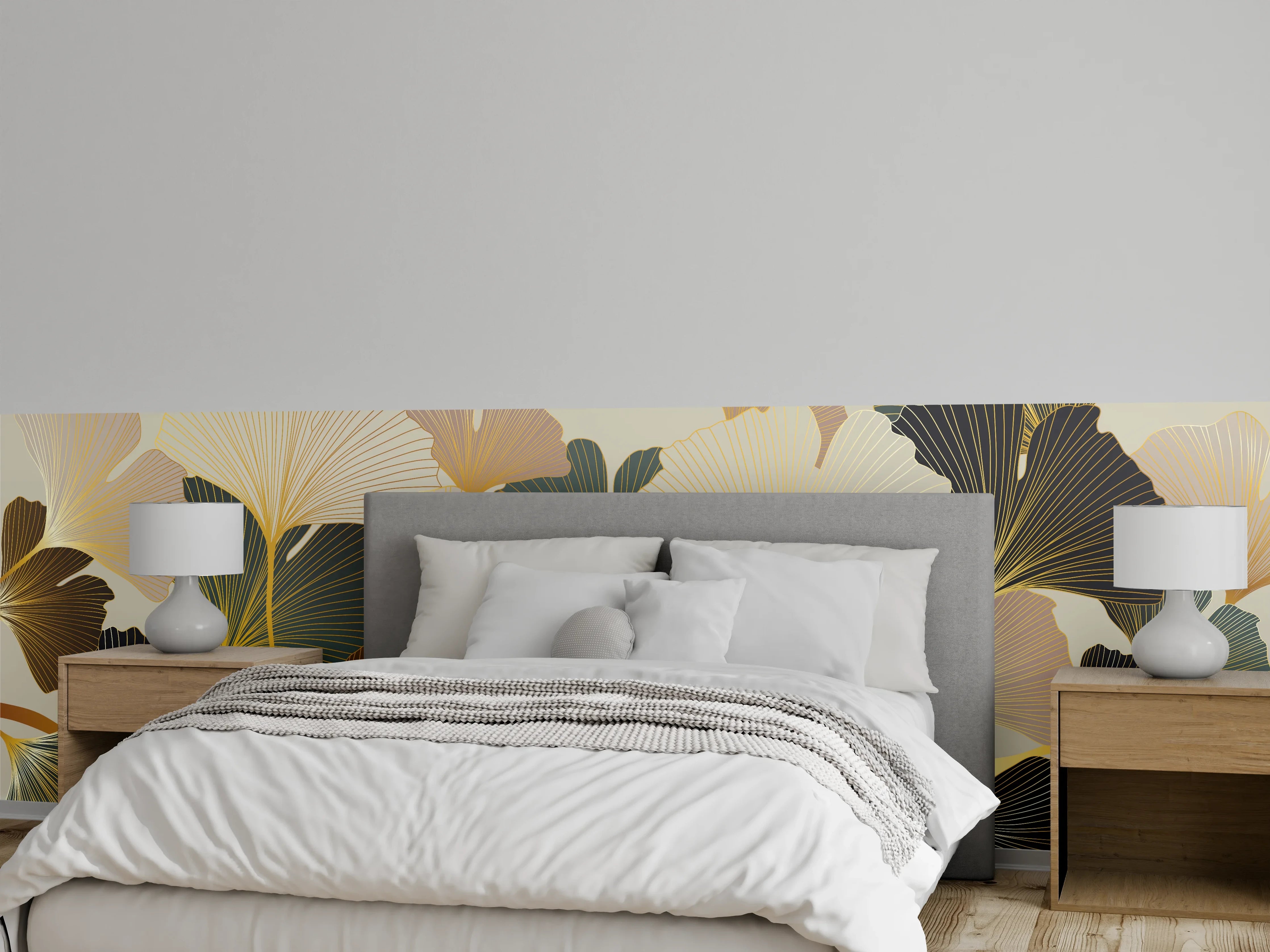 Wandverkleidung Schlafzimmer - Beige Ginkgo Blattmuster Tapete