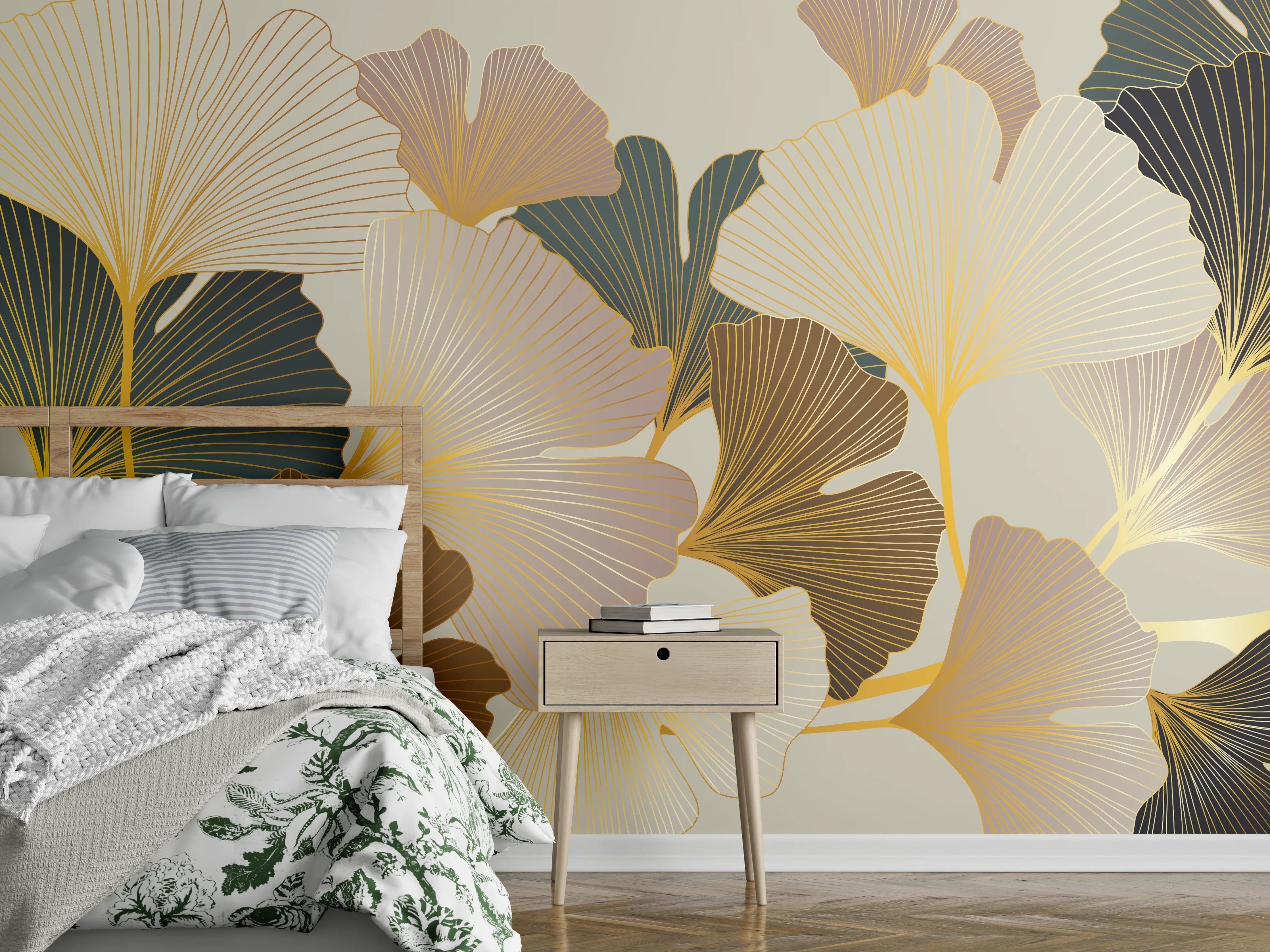 Wandverkleidung Schlafzimmer - Beige Ginkgo Blattmuster Tapete